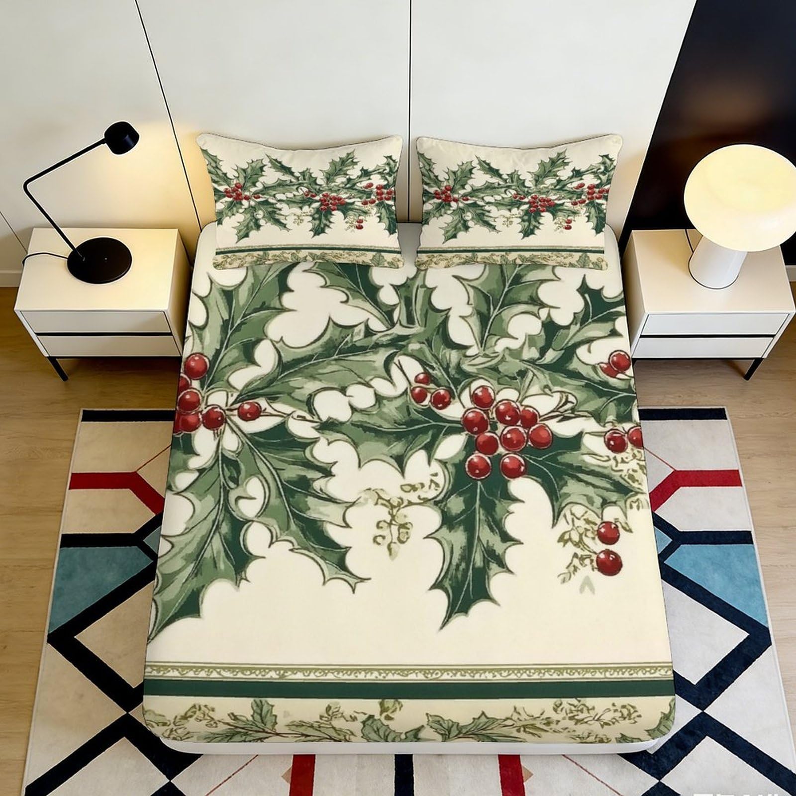 3D Printed Holly Berry Fitted Sheet Microfiber Anti-Slip Christmas Leaves Mattress Cover for Bedroom Guest Room Decor 90x200x25cm