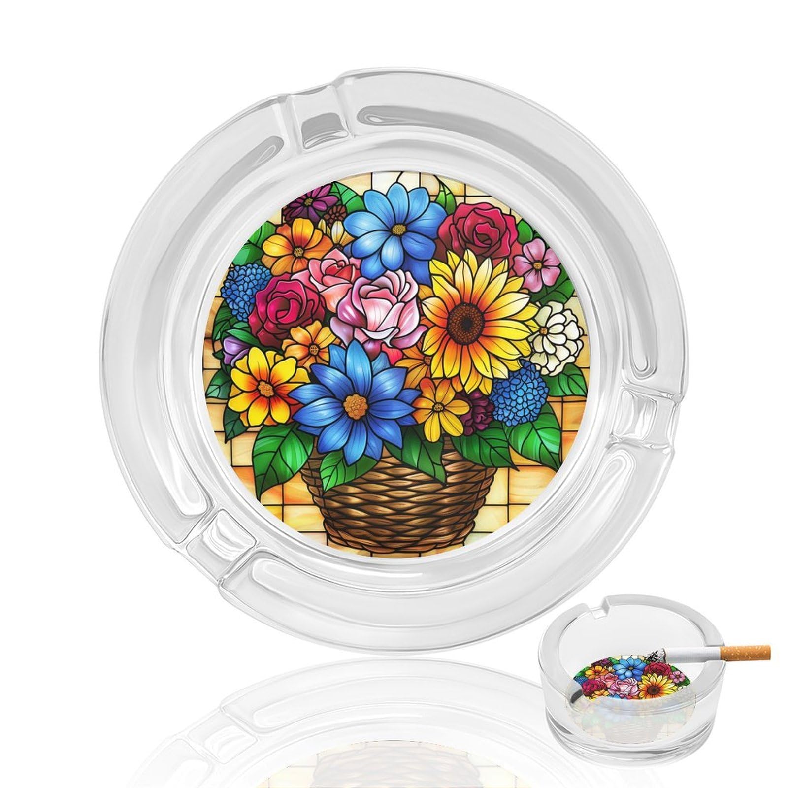 Stained Glass Colorful Wildflowers Daisy Rose Sunflower Glass Ashtray for Cigarettes Portable Decorative Ash Trays for Home Office Decor
