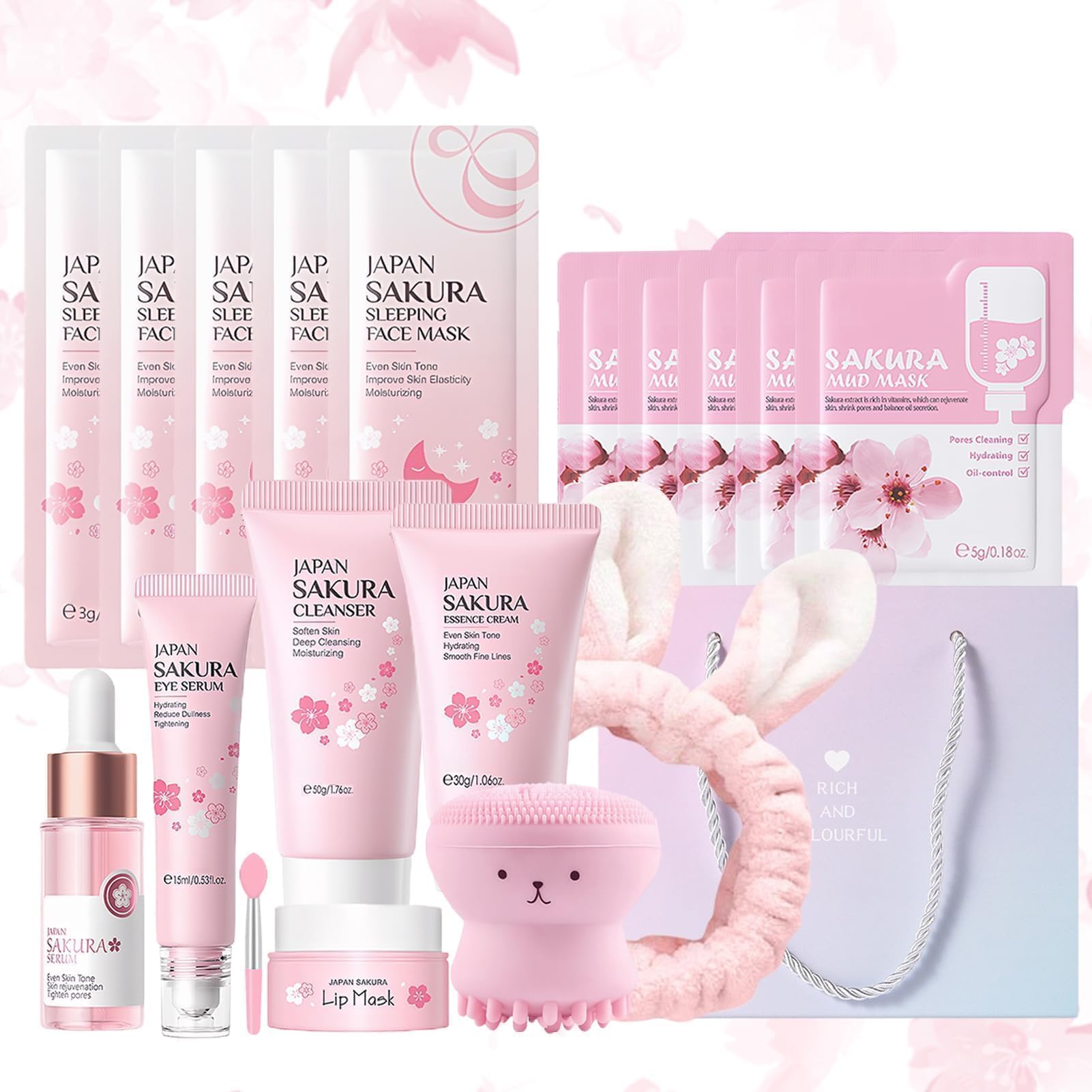 Kit per la Cura della Pelle Sakura 18 Pezzi,Include Detergente,Crema, Siero,Siero per gli occhi,Maschera di fango,Maschera per dormire, Accessori,Set Skincare Viso Completo per Ragazze e Donne