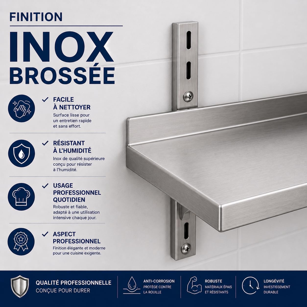 Étagère Murale Inox Professionnelle avec Dosseret 60 x 30 x h35 cm – Rangement Mural Cuisine Professionnelle CHR – Inox Brossé – Restaurant, Boulangerie, Pâtisserie, Laboratoire – 1 Niveau