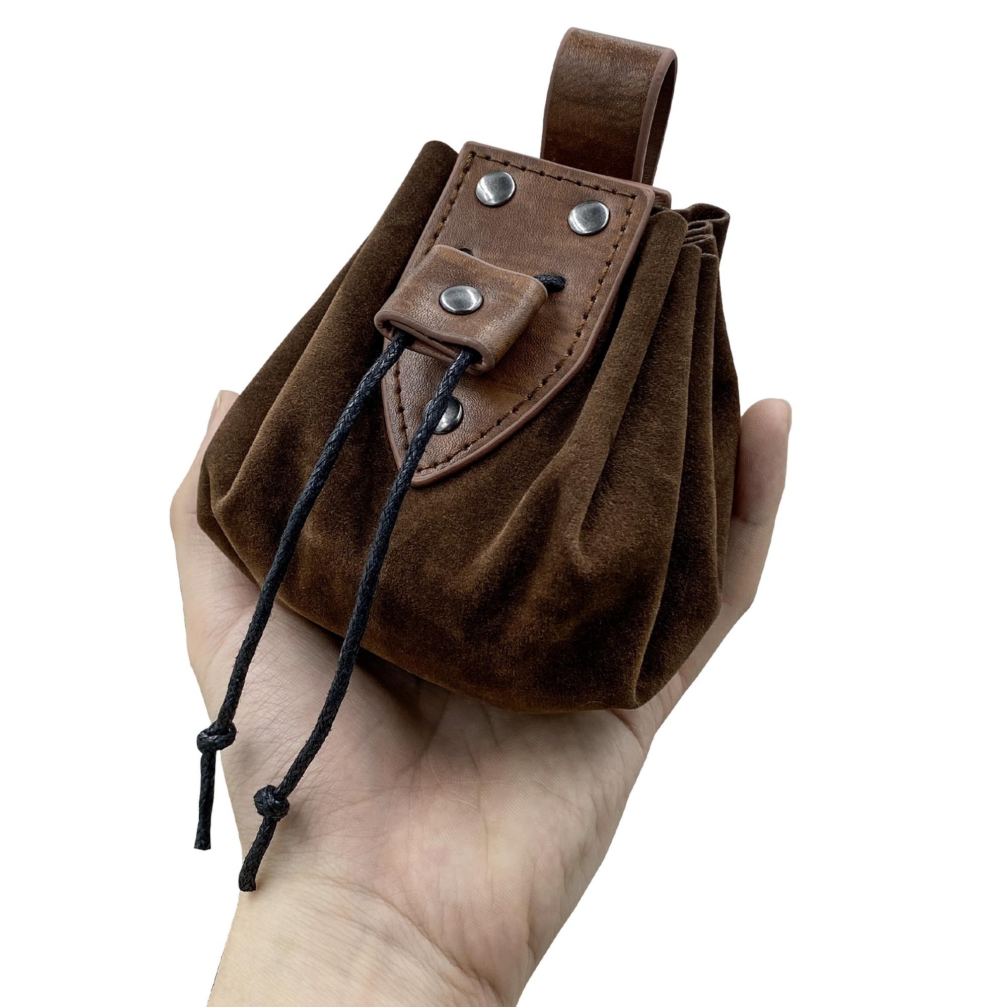 Vintage Medieval Faux Leather Bag,Renaissance Drawstring Belt Pouch,Viking Cosplay Portable Coin Purse,Middle Ages Dice Bag for LARP Ren Faire Costume Accessories (Brown B) - Image 4