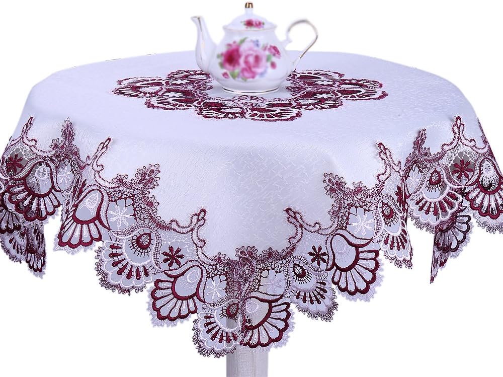 Mauve Rose Lace Table Topper Tablecloth 35 Inch Dresser Scarf Pink White Victorian