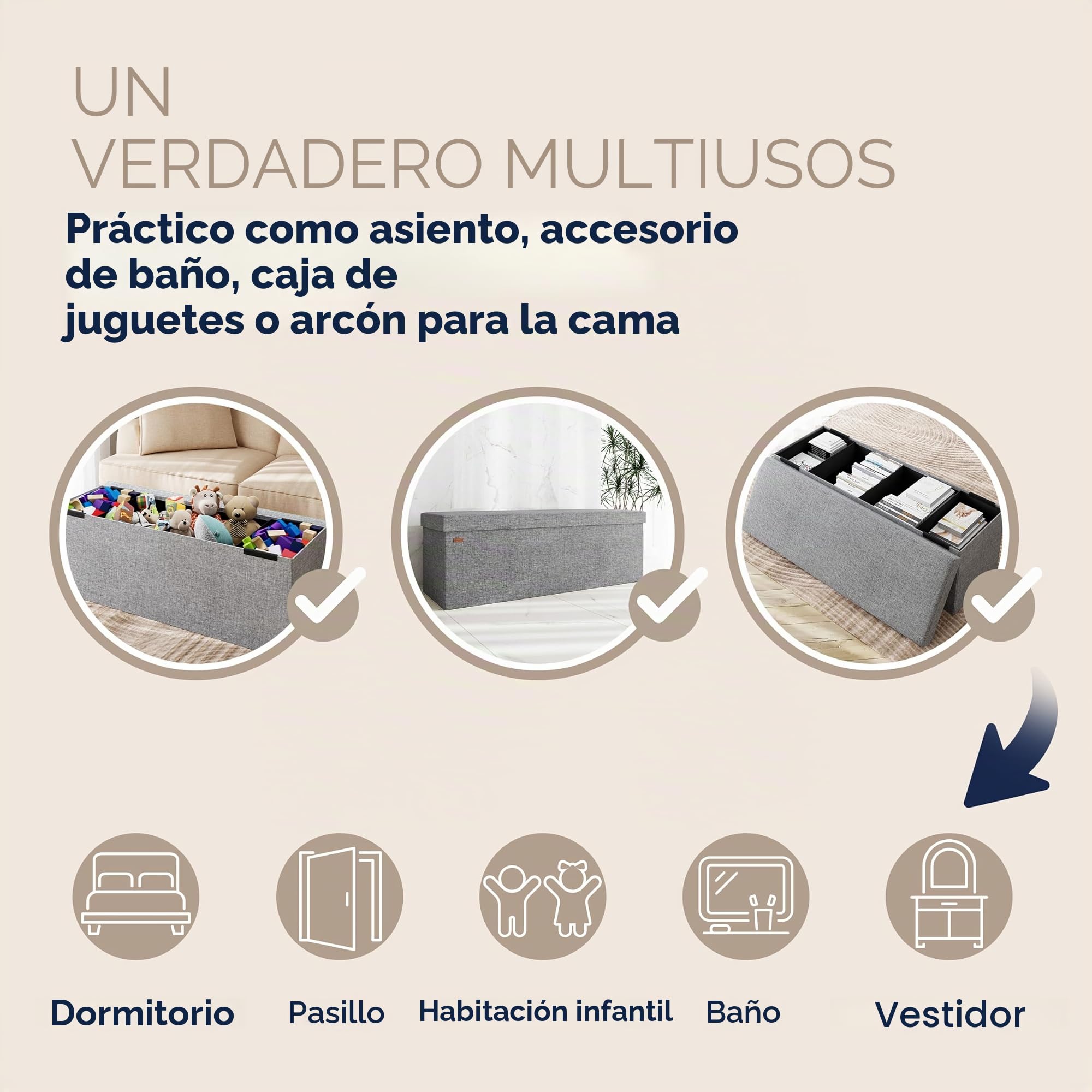 CASARIA® Banco Almacenaje Plegable Puff Reposapiés Otomana Almacenamiento Salón Dormitorio Capacidad Carga 300kg Resistente Efecto Lino 115x40x40cm Gris Claro