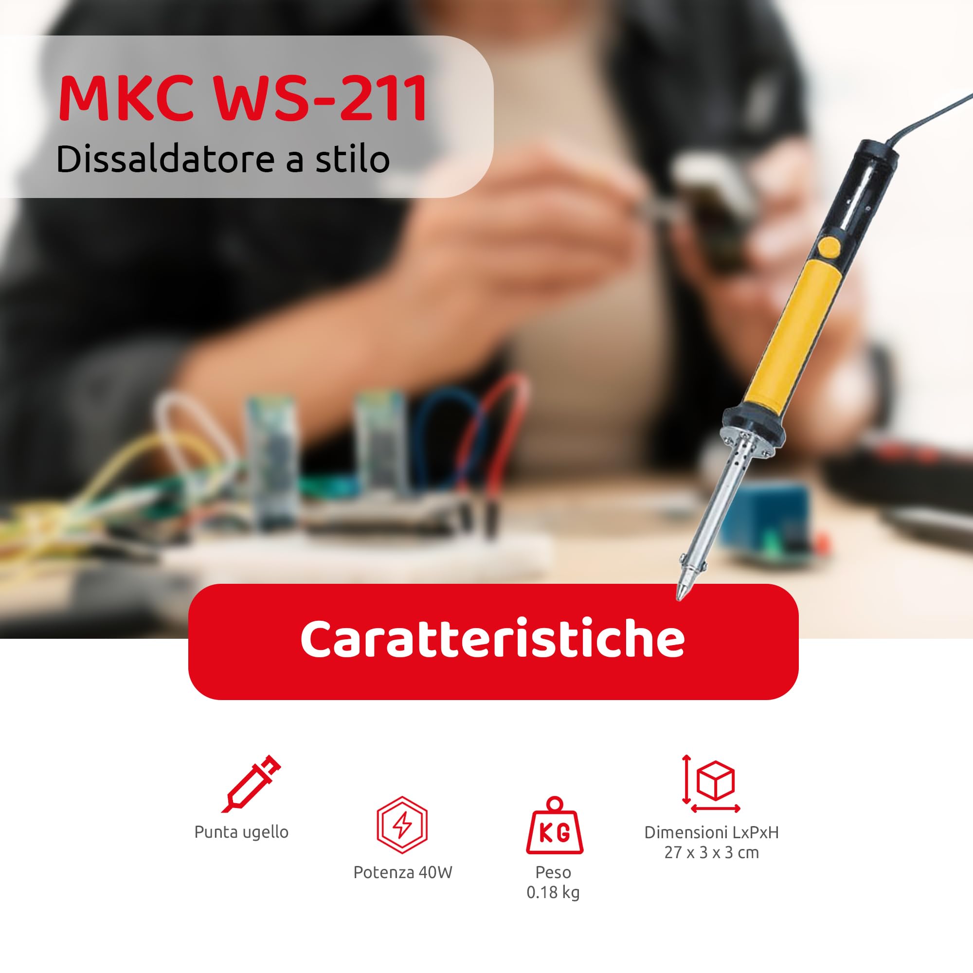 MKC | WS-211 Dissaldatore a Stilo con riscaldatore da 40W, 230 V, Giallo, Rimuovi facilmente le saldature indesiderate