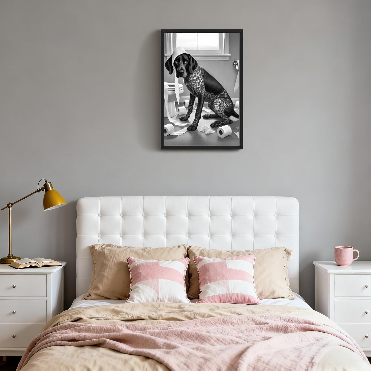 PMKXFGK Large Framed Wall Art Mischievous Dog Toilet Paper Disaster Poster Black German Shorthaired Pointer Dog Canvas Print Funny Pet Animal Pictures for Bathroom Toilet Decor 24x36inch Black Frame