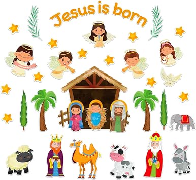 WaaHome Jesus is Born Christian Bulletin Board Decorations Set 38pcs Religious Nativity Scene Cutouts Birth of Jesus Bulletin Board Borders for Kids Christmas Sunday School Classroom Decorations