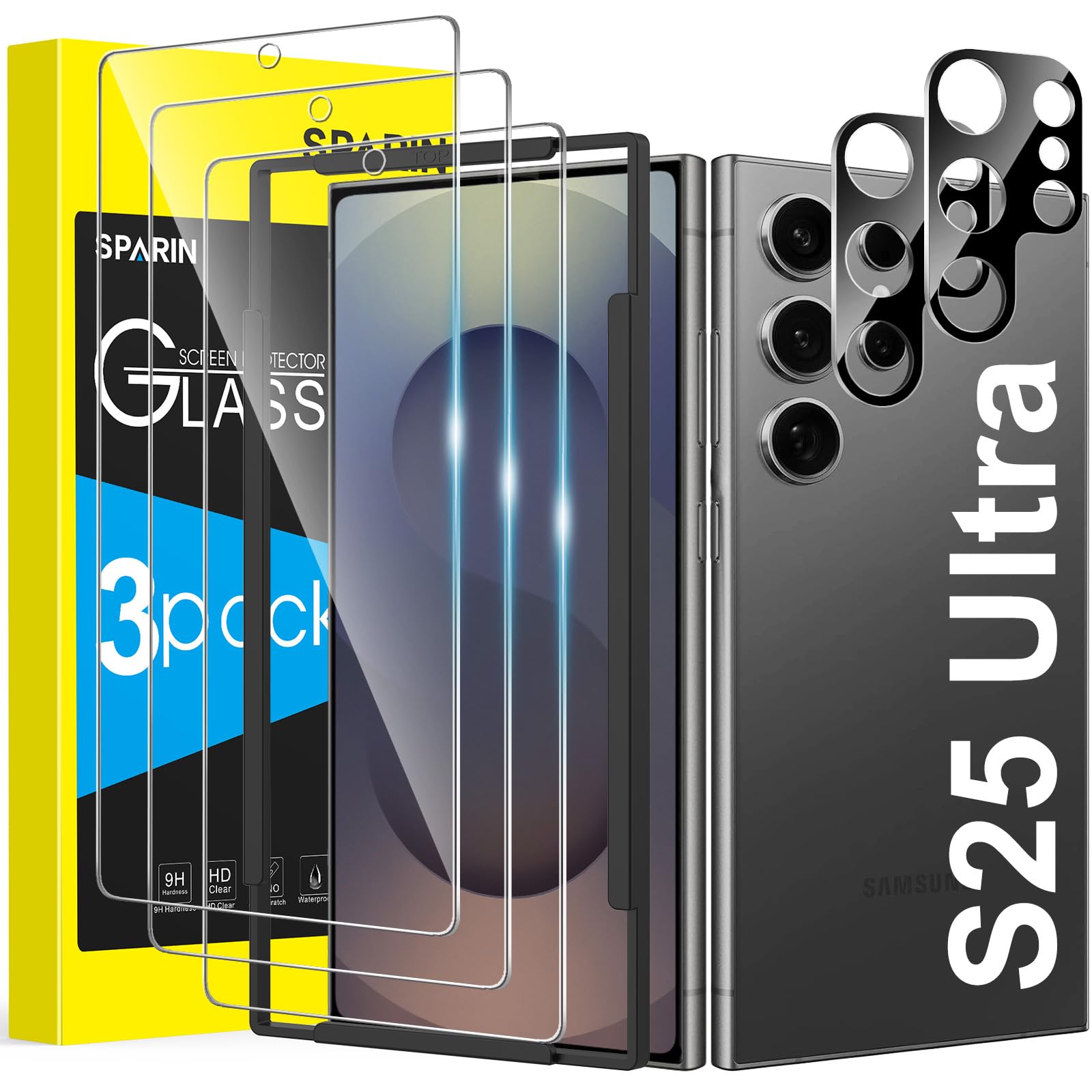 SPARIN für Samsung Galaxy S25 Ultra Panzer Schutz Glas, 3 Schutzfolie und 2 Kameraschutz mit Einfache Montage Rahmen, Kompatibel mit Fingerabdrucksensor,9H Härte,Anti-Kratzen,Anti-Bläschen,HD-Klar