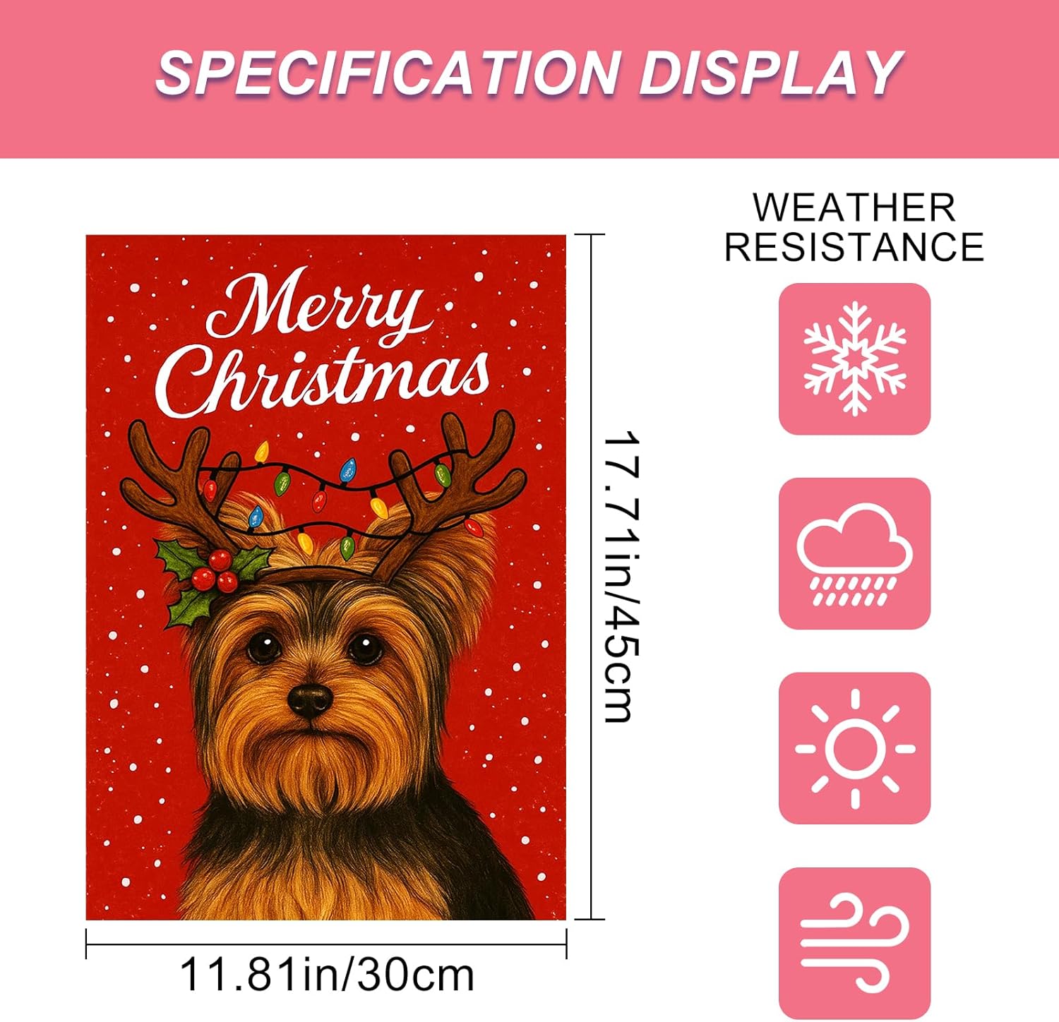 Christmas Garden Flag 12x18 Inch Welcome Yorkshire Terrier Dog Outdoor Flag Double Sided Holiday Puppy Yard Banner with Antlers and Lights for Porch Lawn Patio - Image 3
