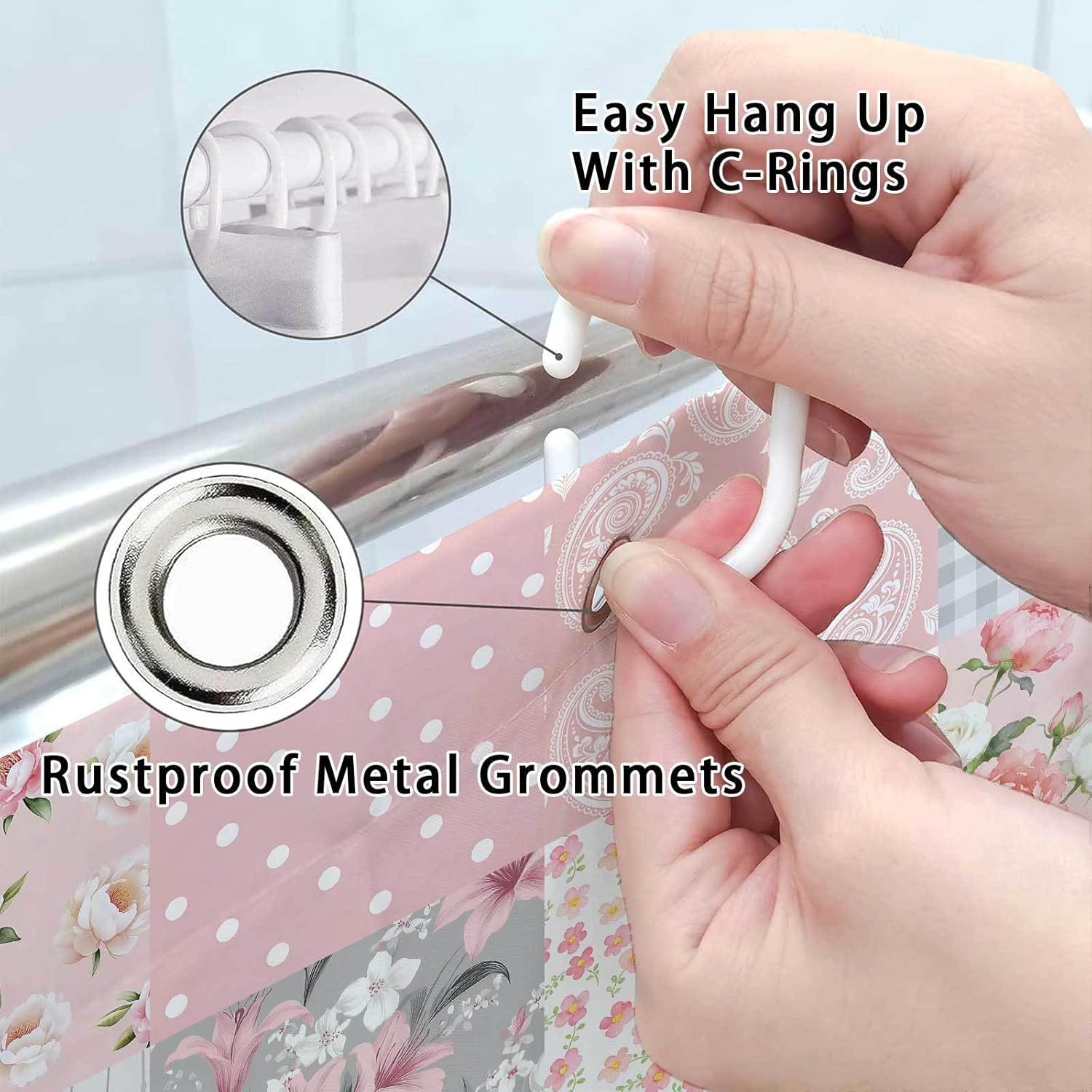 Vintage Floral Checkered Extra Long Shower Curtain with 78 inch Height, Pink Flower Grey Plaid Shower Curtain for Bathroom, Modern Minimalist Waterproof Fabric Shower Curtain Set 72x72 Inch