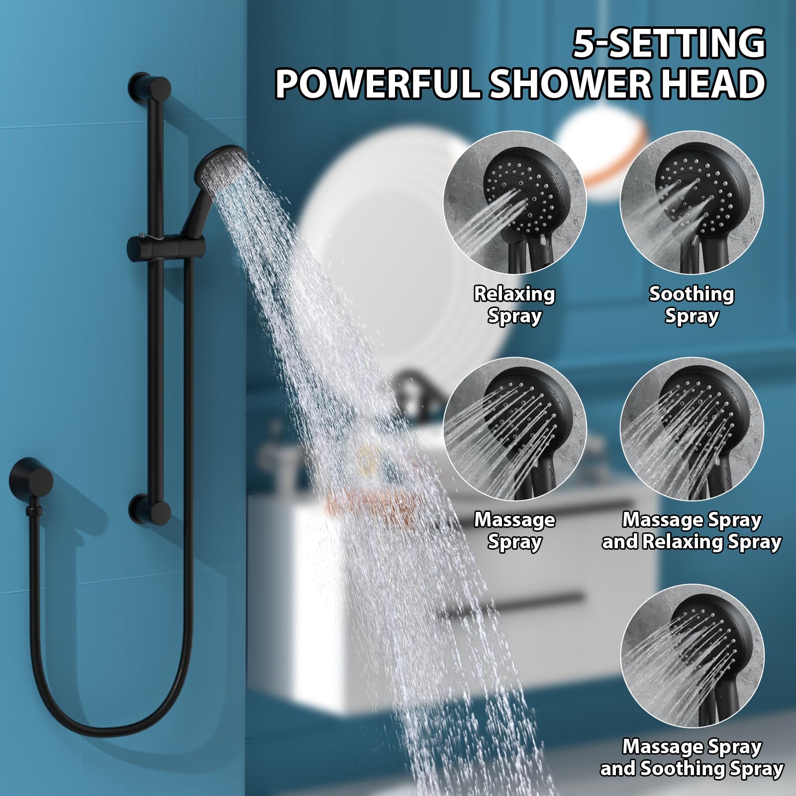 YUESIMATE 5Spray Handheld Shower Head Set with 28.35Inch Slide Bar