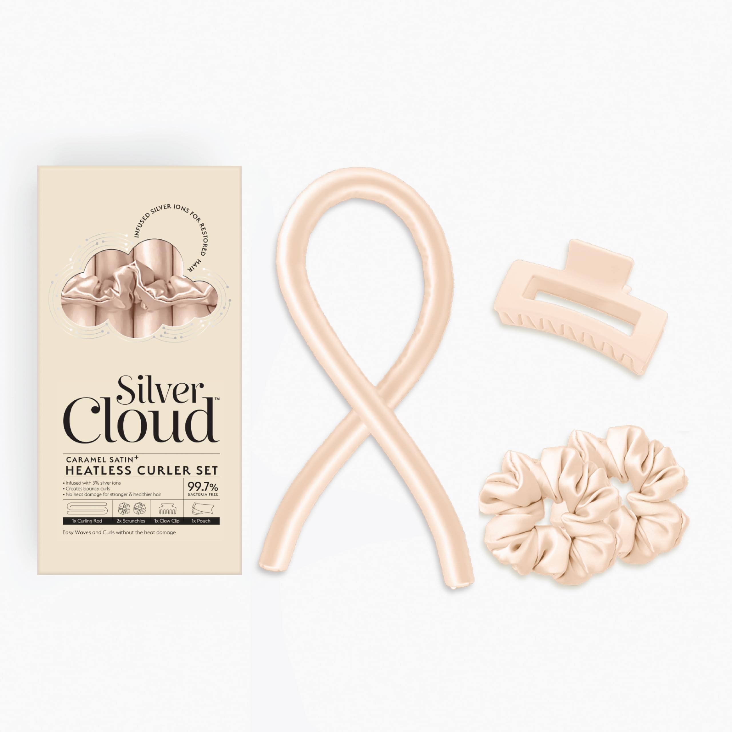 Silver Cloud Satin Heatless Curler Set Infused with Silver Ions – Effortless Curls, No Heat Required (Caramel, Medium)