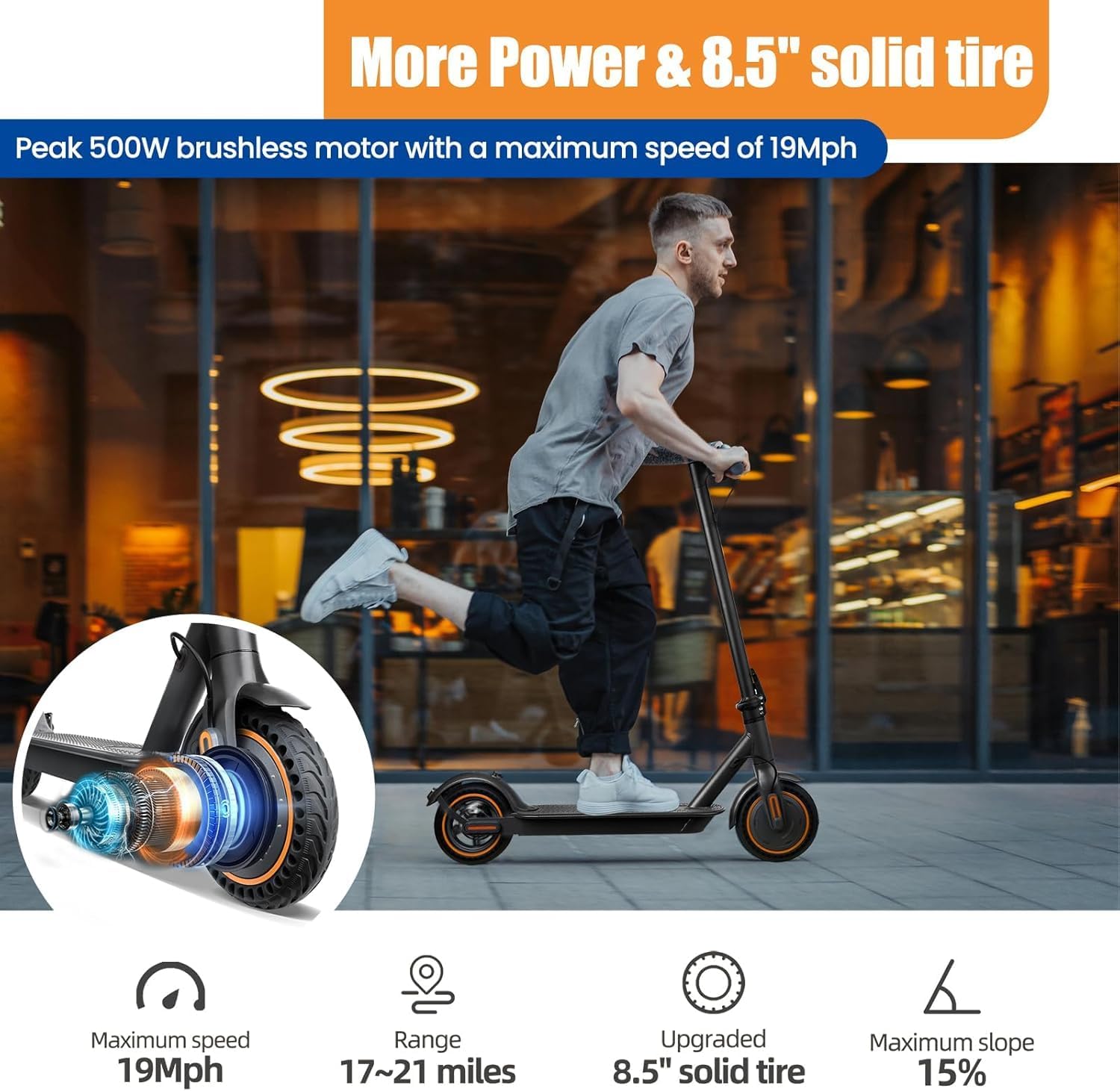 Electric Scooter, 500W Motor, Top Speed 19MPH, 19 Miles Long Range, Foldable Electric Scooter for Adults with Dual Brakes and App Control, 8.5'' Puncture-Proof Tire