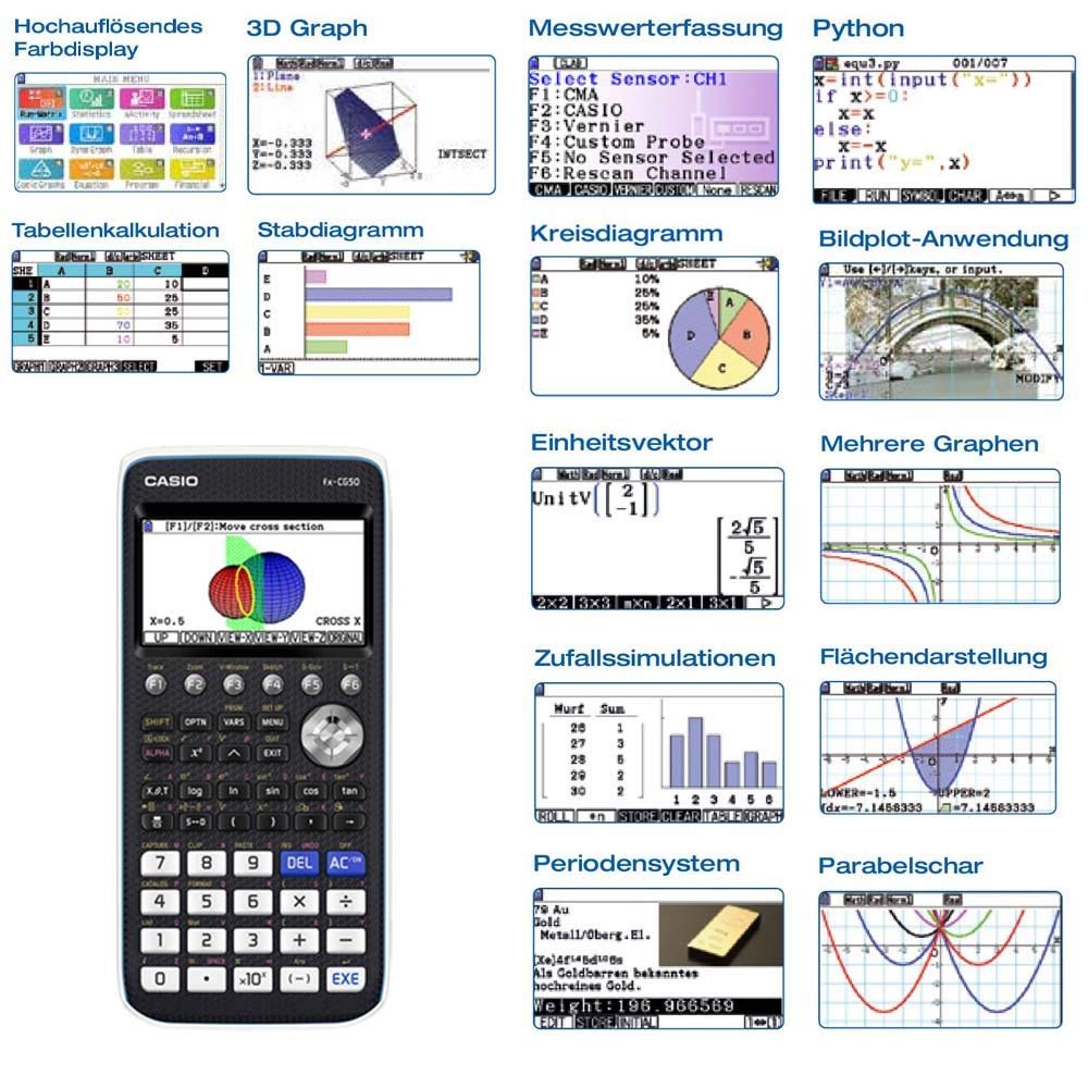 Casio FX-CG50 Grafikrechner mit hochauflösendem Farbdisplay, deutsche Menüführung