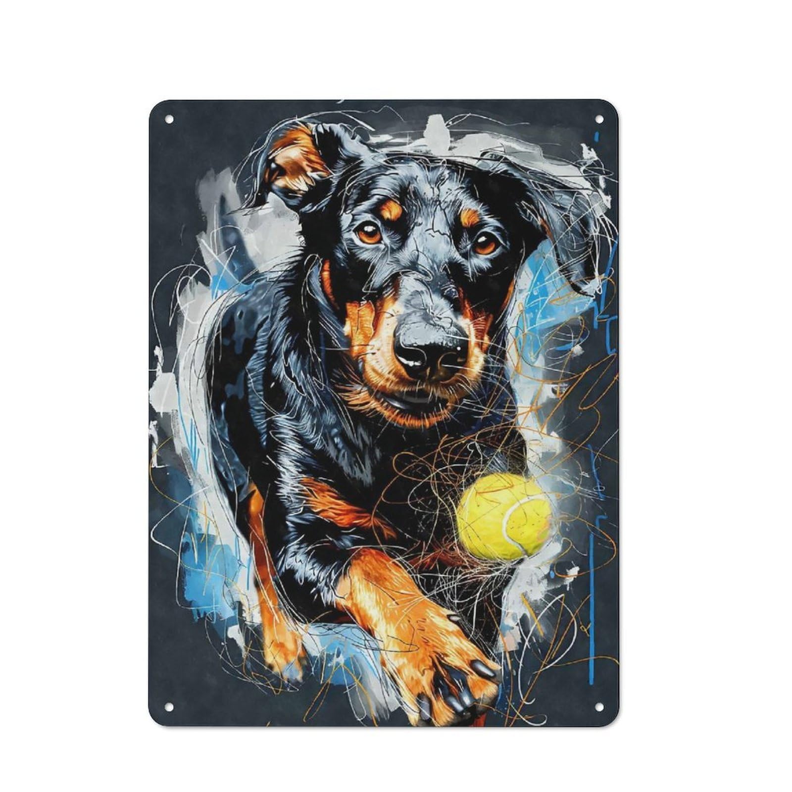Junmoney Dobermann Catching Ball Rustic Tin Sign 40X30cm For Lounge Or Reading Corner, For Vintage Wall Decor Fans, For Garage And Workshop Walls
