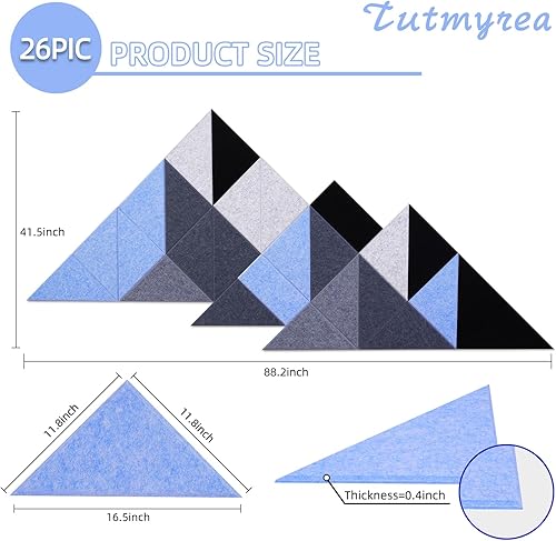Miniatura 4 de Tutmyrea Paquete de 26 paneles acústicos triangulares autoadhesivos, paneles absorbentes de sonido de 96 x 37.5 pulgadas, decoración de pared,