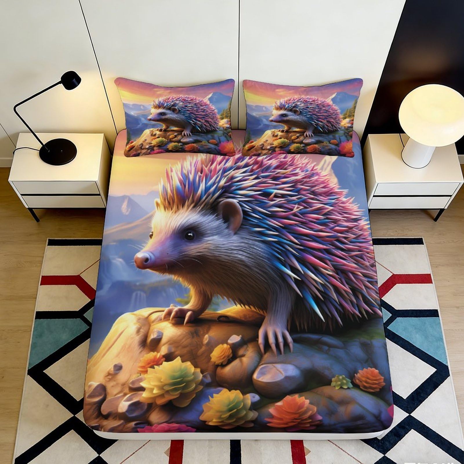 3D Printed Colorful Hedgehog Fitted Sheet Microfiber Soft Durable Scenic Mattress Cover for Bedroom Dorm Decor Protection 160x200x25cm