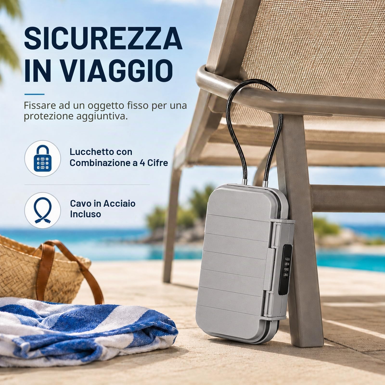 GOOGO Cassetta sicurezza portatile da spiaggia con combinazione, impermeabile antifurto, mini cassaforte viaggio per piccoli valori, piscina, camping e palestra (grigio)