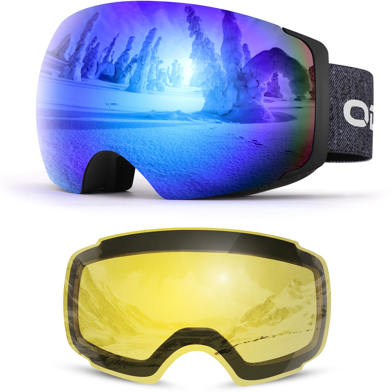 Odoland Occhiali da sci unisex per uomo e donna ragazzi occhiali da snowboard senza montatura con vetro magnetico intercambiabile protezione UV anti-nebbia occhiali da neve compatibili con casco per