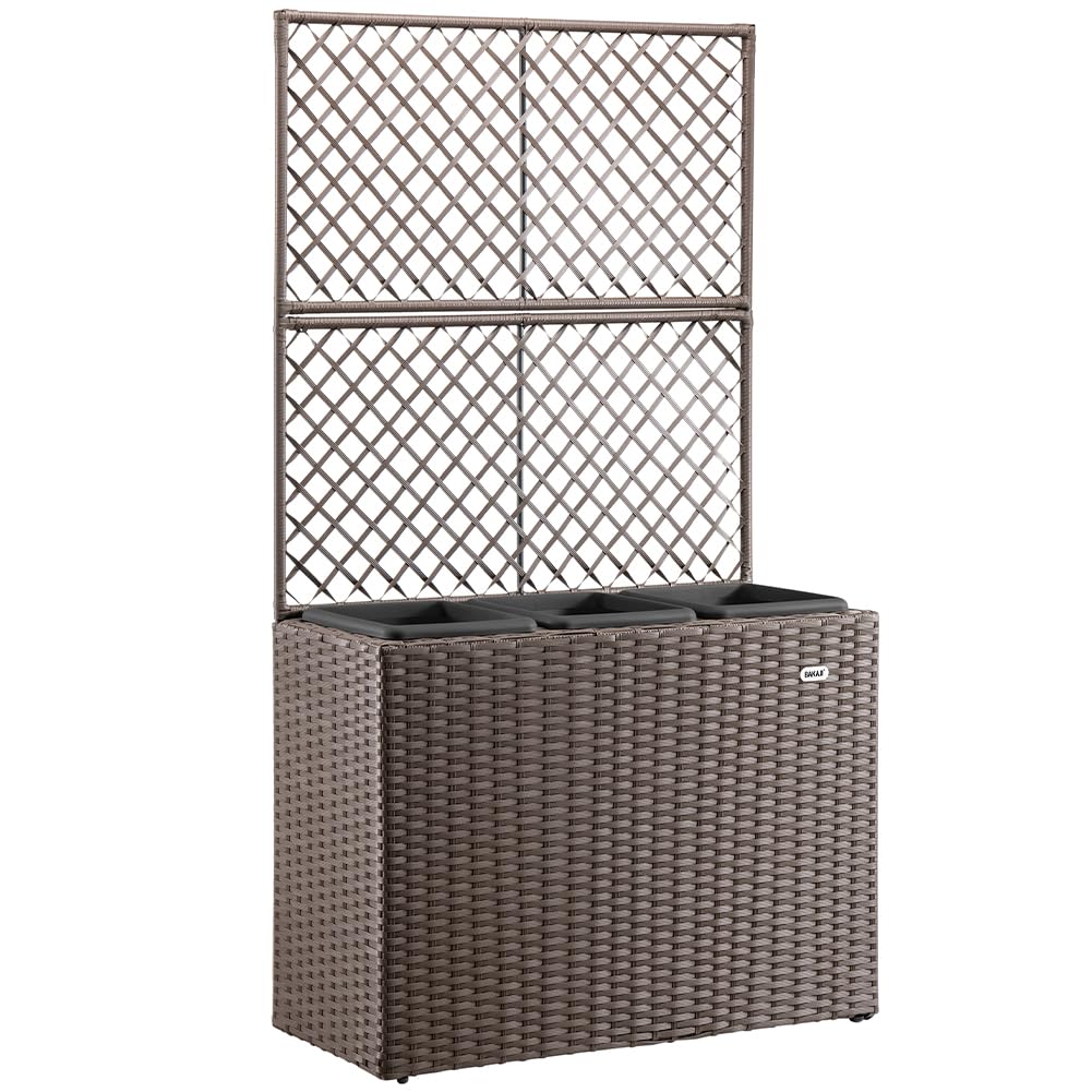BAKAJI Fioriera da esterno con spalliera in polyrattan, 3 Vasi Removibili Contenitori per Piante, Traliccio da Esterno con grigliato ideale x Giardino, Balcone, Terrazzo, Pianta Rampicante (Marrone)