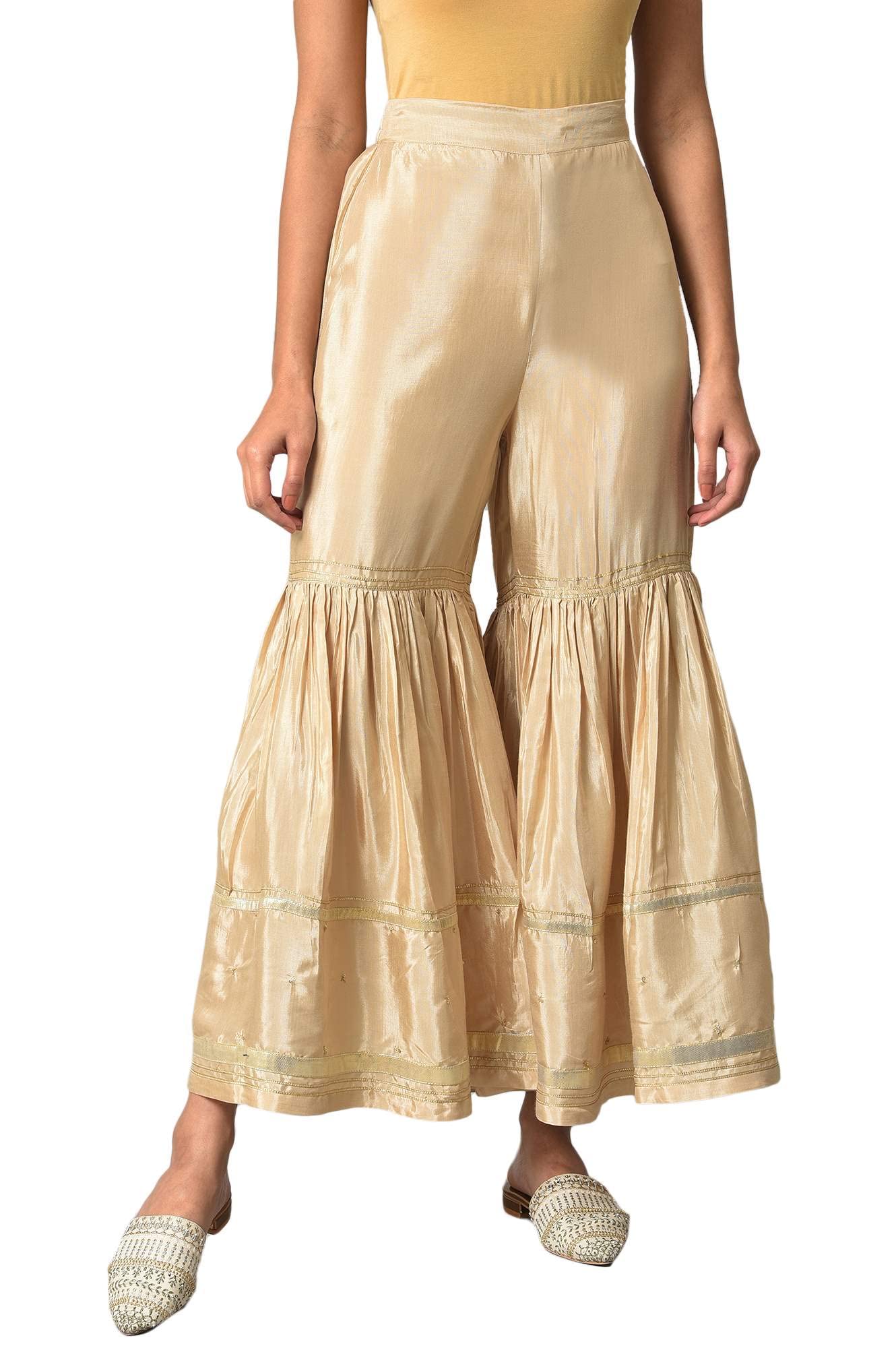 w for woman Women Mid Rise Gold Gathered Sharara Regular Fit Pants-picture-28