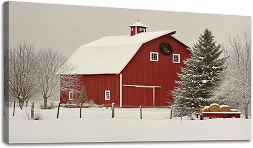 24"x 48" Canvas Wall Art Vintage Abstract Red Snowy Christmas Farm Barn Snow Winter Trees Framed Pictures Painting Prints Large Wall Art for Living