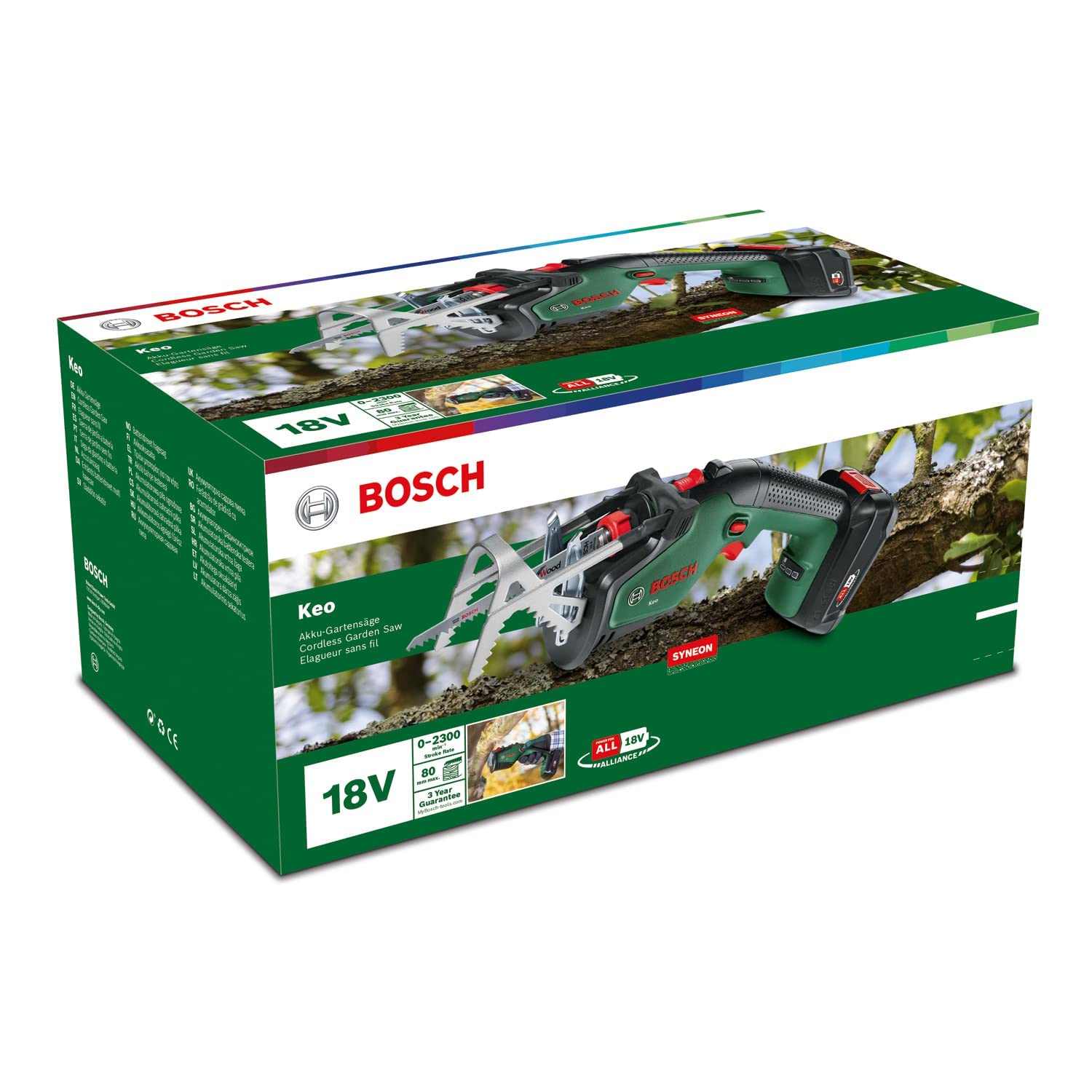 Bosch Home and Garden Akku-Gartensäge Keo (1 Akku 2,0 Ah, 18 Volt System, Schnittdurchmesser 80 mm, mit Schweizer Präzisionsklinge Holz inklusive, in Kartonverpackung) | 1 Akku 2,0 Ah, 18 Volt System, Schnittdurchmesser 80 mm, mit Schweizer Präzisionsklin