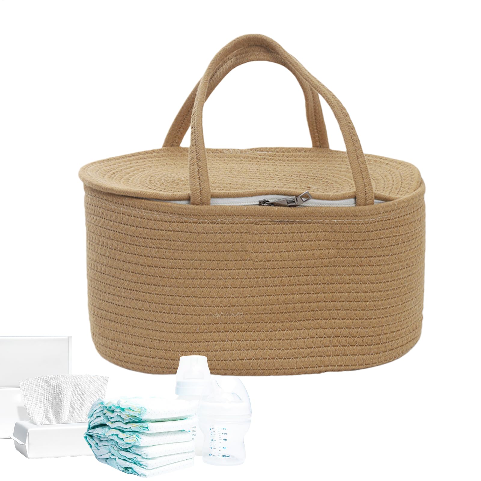 Cotton Rope Nappy Caddys - 37cm Nursery Storage Basket, Diaper Storage Basket Travel Tote | Baby Organizer with Lid & Removable Divider for Wipes, Bottles & Toys, Portable Gift for Home, Car & Travel