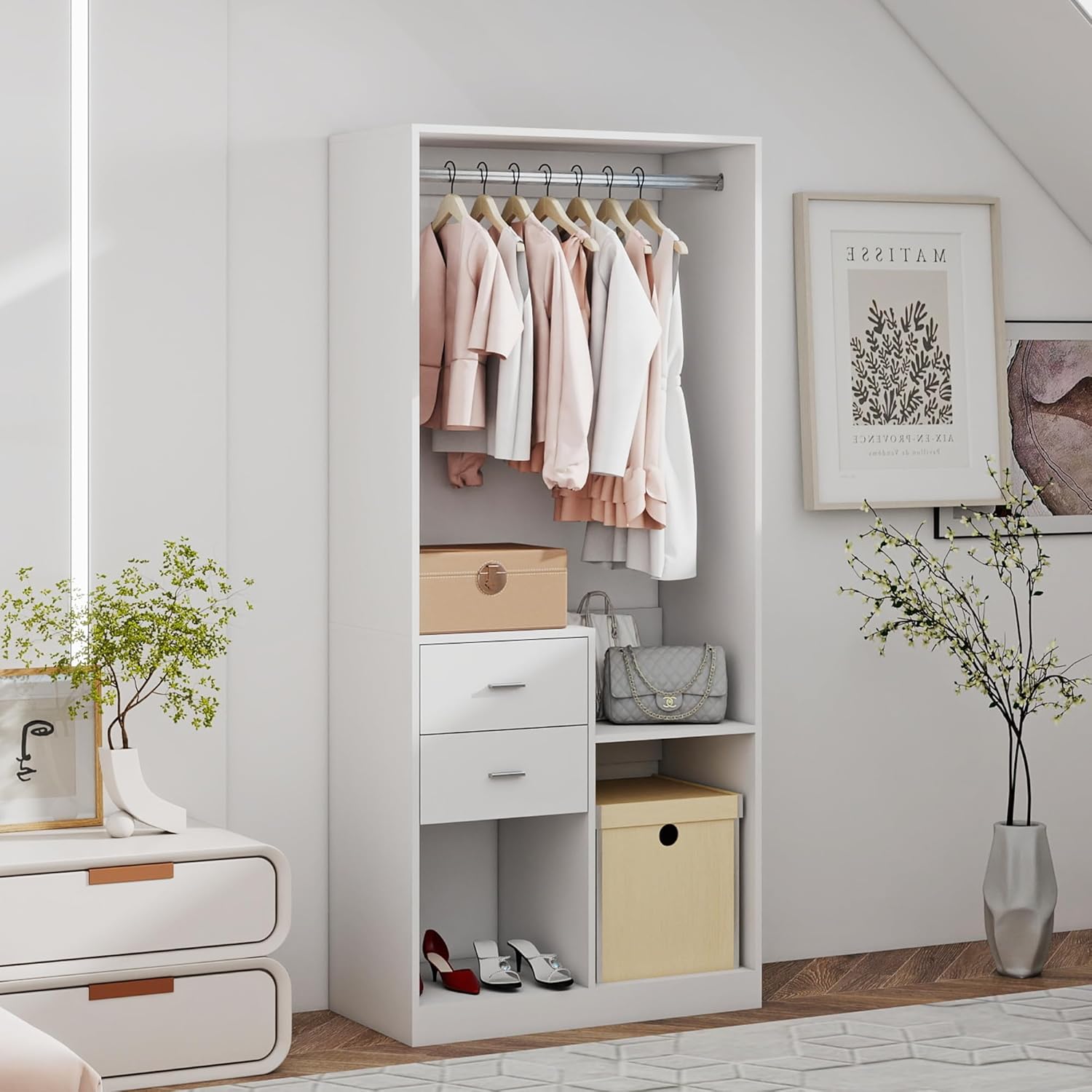 Freestanding Closet System: Stand-alone Closet System with Adjustable Garment Rack 2 Drawers and Hanging Rail for Bedroom White 31.5"W x 15.7"D x 70.8 "H