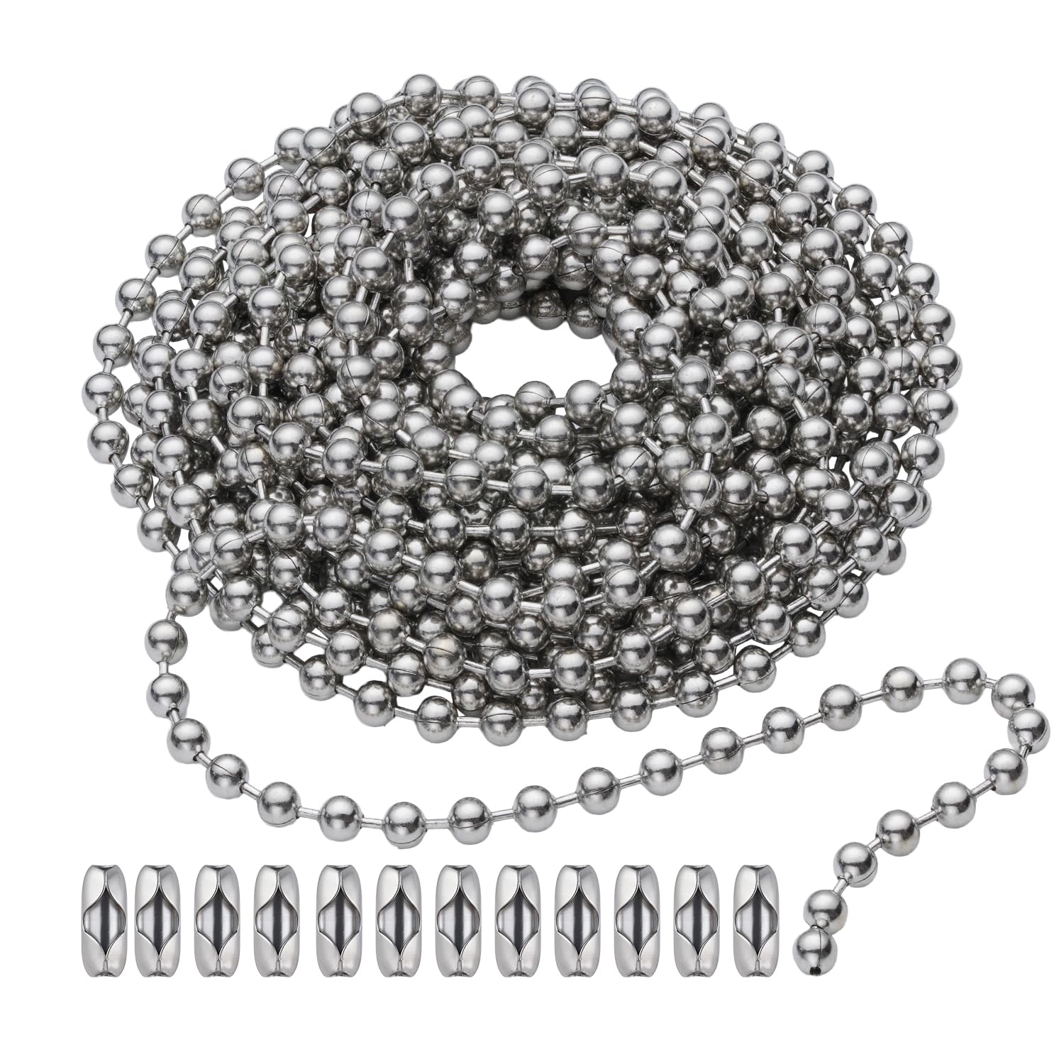 SmoTecQ 10 Feet (120 Inch) Ceiling Fan Pull Chain Extension - Nickel Plated Silver - 3mm Beaded Ball Chain with 12 Connectors - Rust Proof Solid Brass for Light Fixtures & DIY Crafts