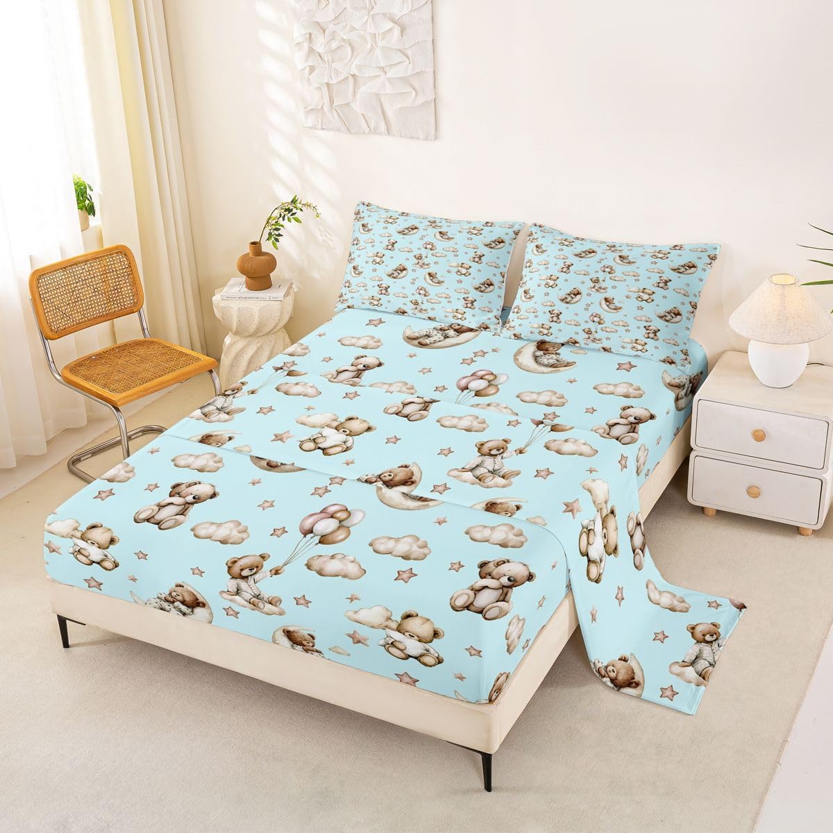 Feelyou Bear Bed Sheets Set Queen Size 4Pcs Soft