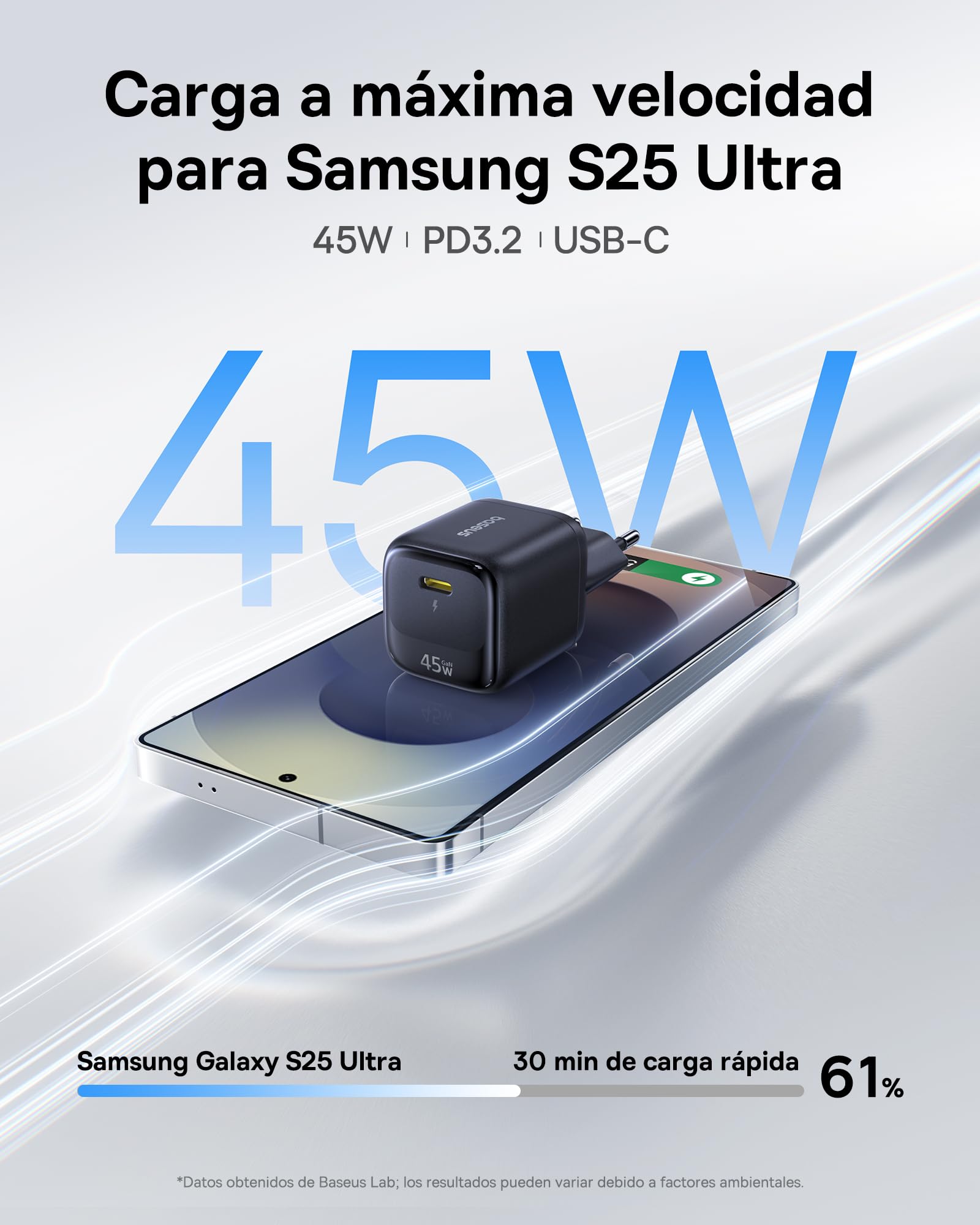 Baseus Cargador USB C 45W, Pack de 2 Cargadores Rápidos GaN, Adaptador de Corriente PPS PD para iPhone 17/16/15 Pro Max, Samsung Galaxy S25 Ultra/S24, iPad, MacBook, Pixel (Incluye Cable USB-C de 1 m)