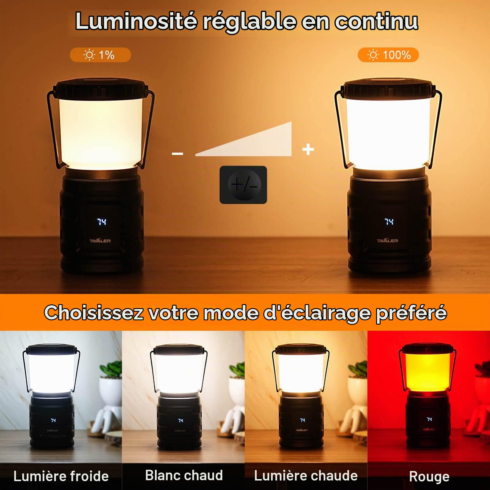 Tavaler Lanterne de camping 8000 mAh Batterie USB C Rechargeable Lampe de camping avec indicateur de batterie LED Écran Lumière de camping IP65 Étanche Lampe de camping pour randonnée extérieur