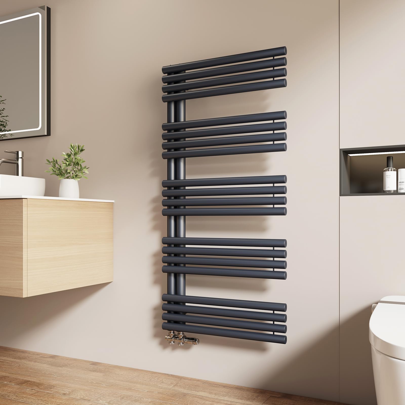 EMKE Scaldasalviette termoarredo a acqua calda per bagno, 1265 x 600 mm, Tubo rotondo Porta asciugamani, Scaldasalviette con attacchi laterali,Antracite 776W