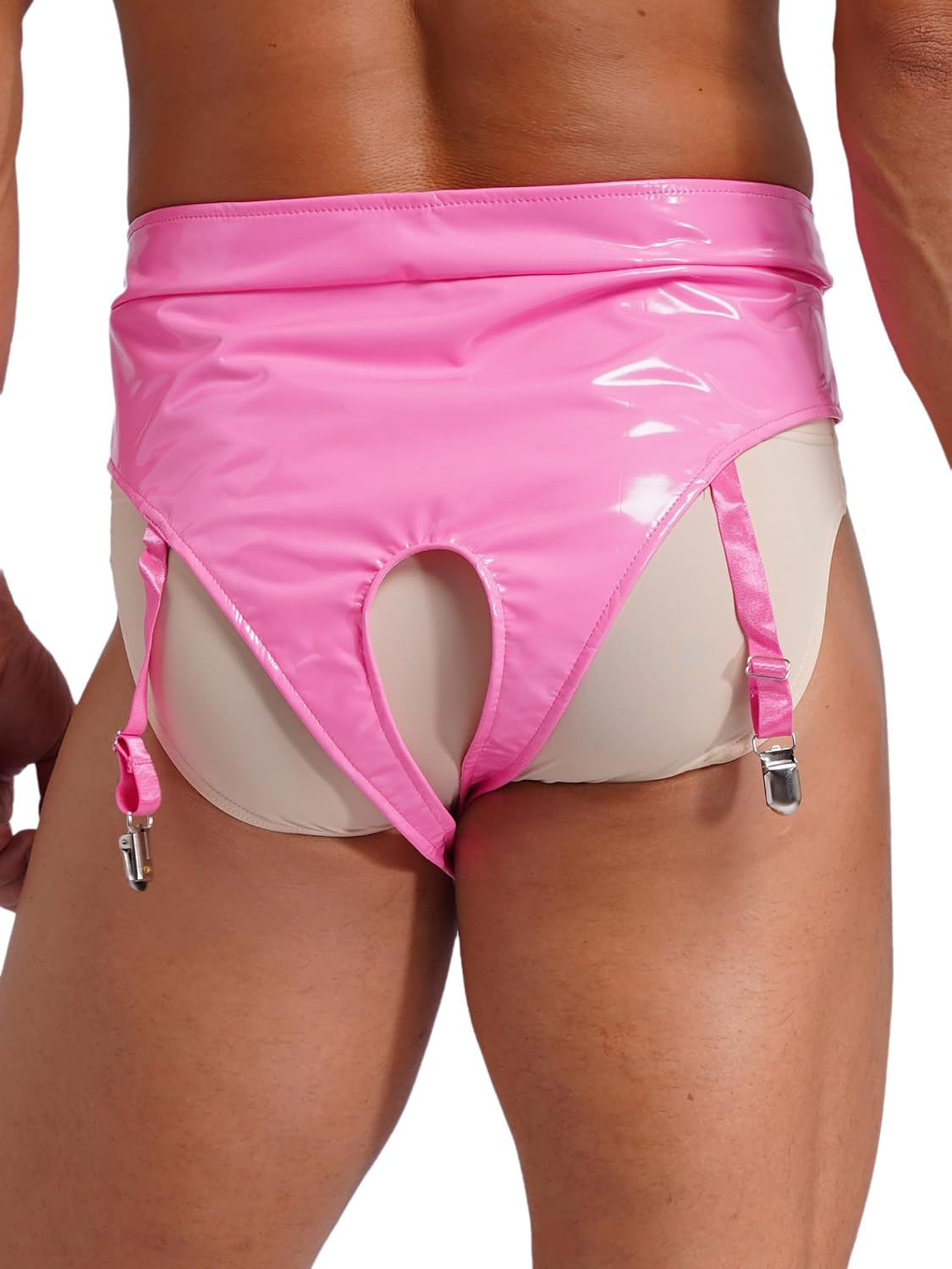 Vxuxlje Men's Patent Leather High Waist Open Crotch Briefs High Waist Garter Underwear Clubwear