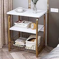 Vista 7 de Mesa auxiliar auxiliar de mármol blanco de 3 niveles con estante de almacenamiento, mesa de metal para aperitivos, mesa pequeña para balcón