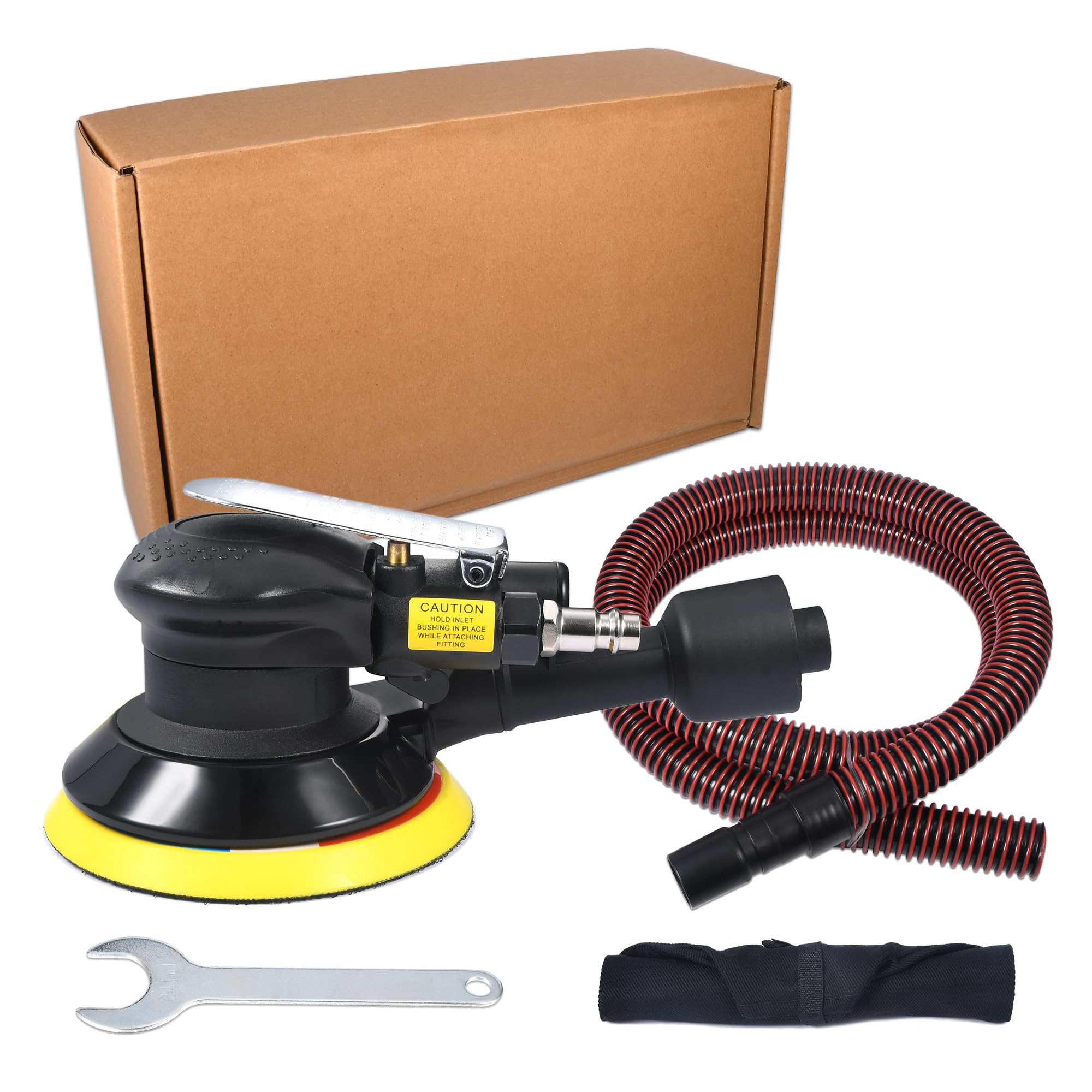 5 Inch Pneumatic Random Orbital Sander Kit, 125mm Black Air Palm Sander with Dust Hose, Dust Bag and Spanner, 10000 RPM, 90 PSI, for Car Bodywork, Wood and Metal