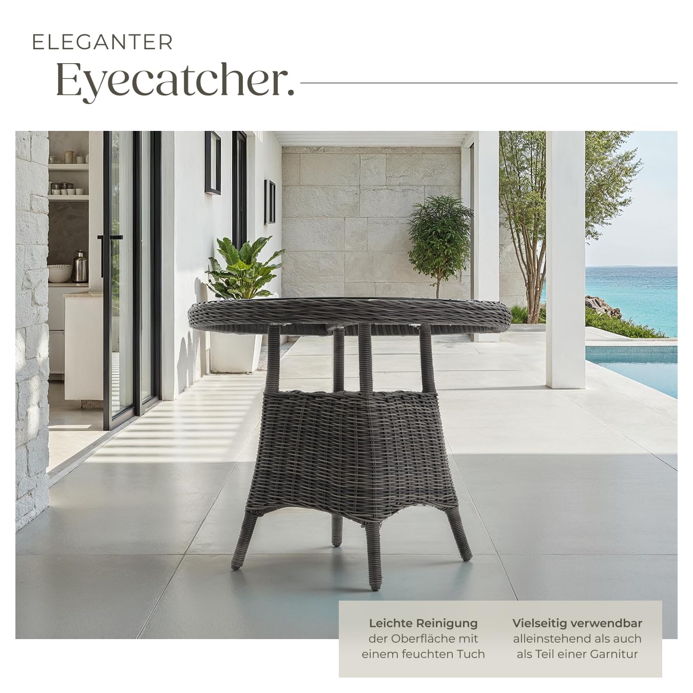 tectake 800817 Alu Gartentisch mit hochwertigem Polyrattan Geflecht, Tischplatte aus Sicherheitsglas, Outdoor Beistelltisch für Garten, Terrasse und Balkon, rund (Grau | Nr. 403680)