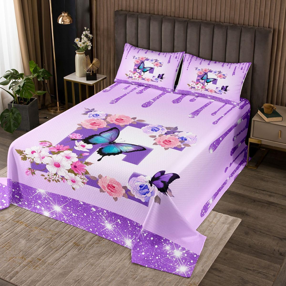 Manfei Flowers Bedspread Butterfly Letter I Quilt Set for Adults Women Soft Monogrammed Bedding Set,3 Pcs Coverlet Set with 2 Pillow Shams Queen Size Purple I
