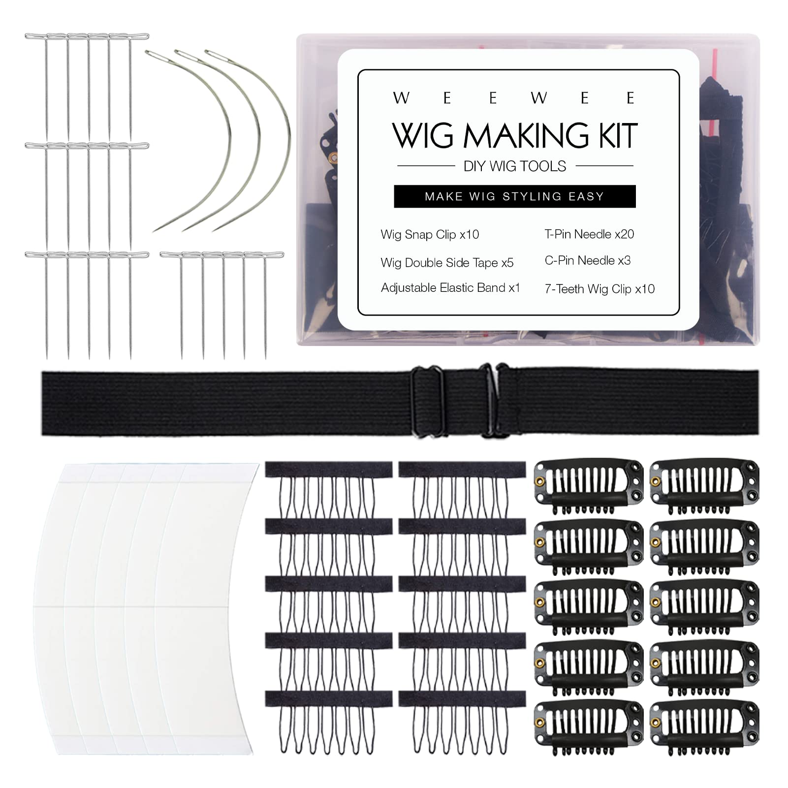 Wig Making Kit DIY Wig Tools Wig Accessories Wig Combs Clips Hair Comb T-Pin Needle C Shape Needles Adjustable Elastic Band (Wig Making Kit-Basic)