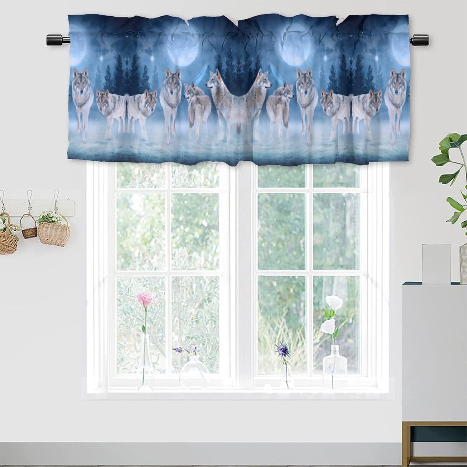 Brebasf Winter Forest Wildlife Wolf Valance for Window Curtains,Fantasy Galaxy Full Moon White Wolves Rod Pocket Curtains Valance Window Treatment 54x18inch,2Pcs