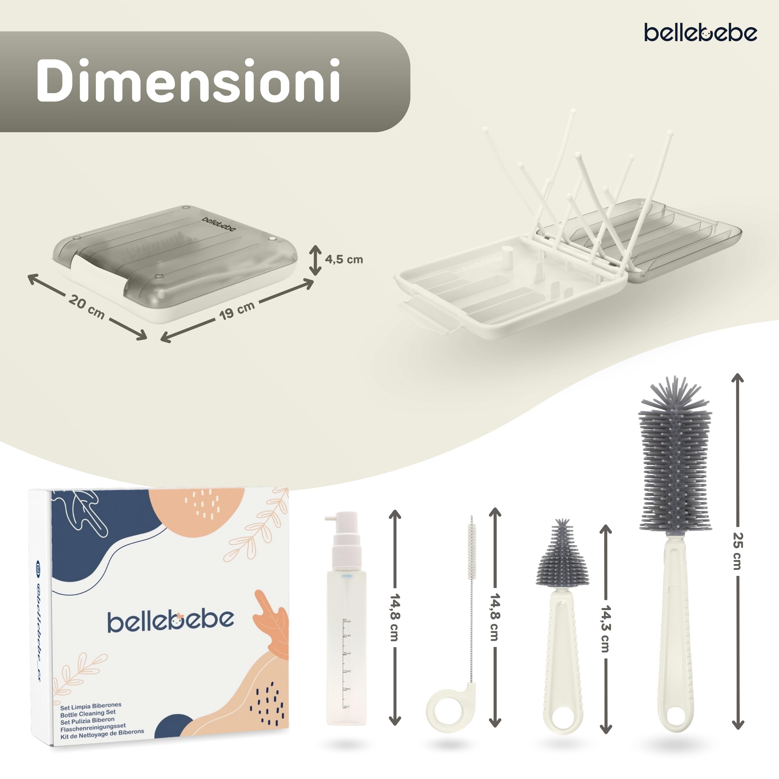 BELLEBEBE Set Escurre Biberones con Limpia Biberones - 6 en 1 Kit Cepillo con Escurre Plegable - Portátil - Transportable - Regalo para Bebé - SIN BPA - Beige