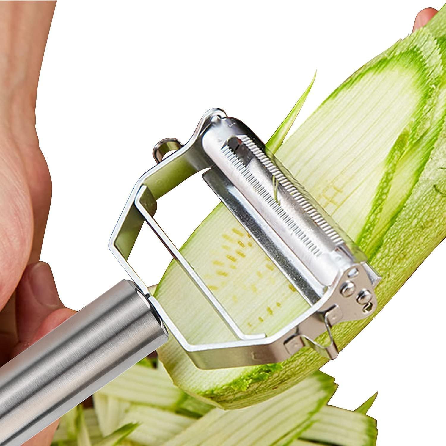 ME Stainless Steel 2 in 1 Julienne Vegetable Peeler Multi-Functional Fruit Vegetable Shredder Slicer Double Planing Cutter Potato Cucumber Carrot Melon Grater (Silver, 18 x 8.2 x 2.4 cm)
