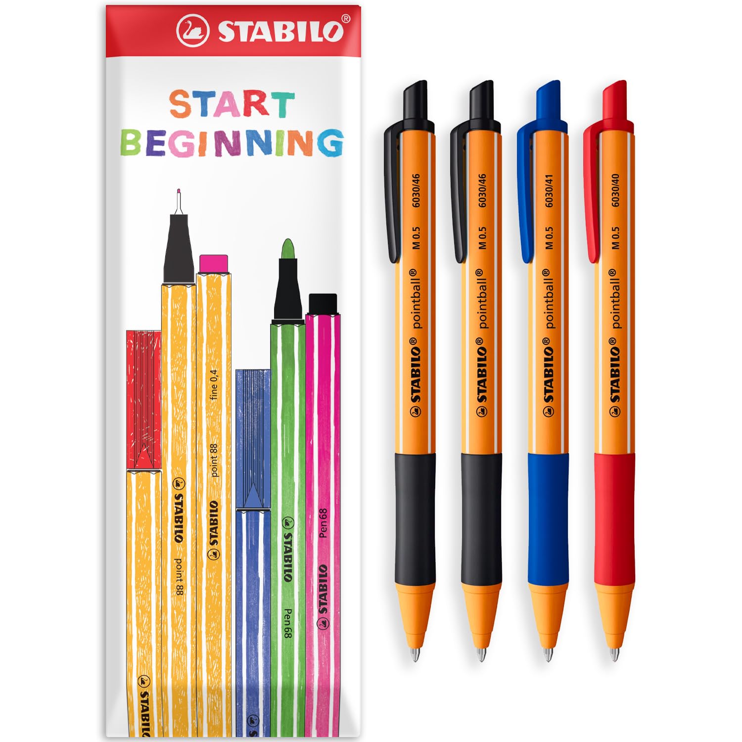 STABILO pointball Ballpoint Pen - 0.5mm Line Width - Refillable & Retractable - Pack of 4 Pens in Envelope Gift Packaging - Black, Blue, Red Ink