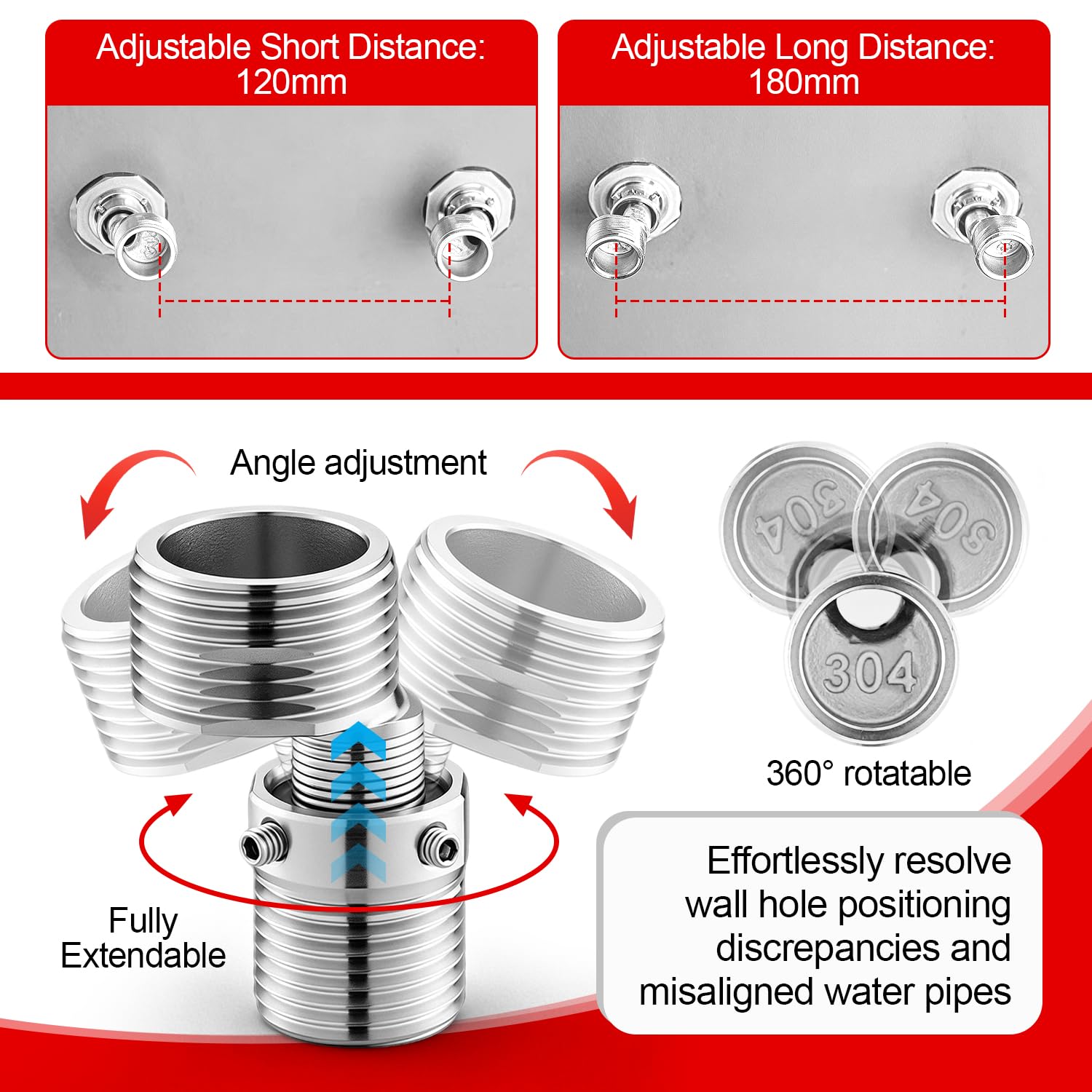 2 Piezas Adaptador Grifo Ducha en Acero Inoxidable 304,Aexcentricas Excentricas Grifo Ducha Ajustable Rotativo a 360° Adaptador de Baño Flexible en Forma S, Griferia Ducha para Baño Cocina y Lavabo — view 4