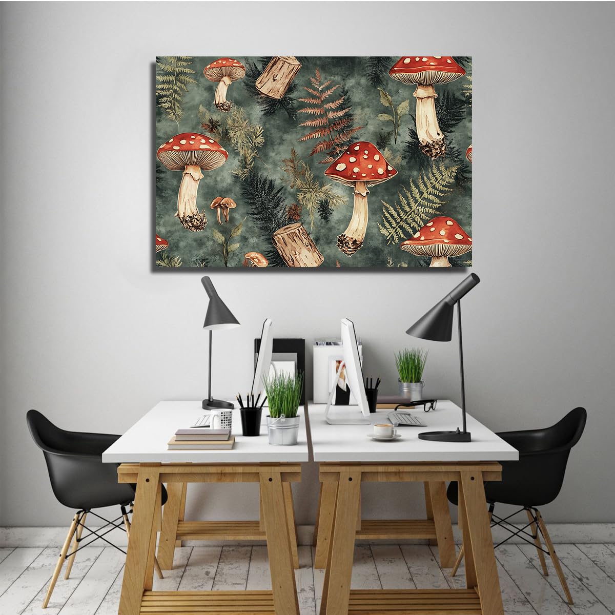 TOANGWALL Plakat z czerwonym grzybem, las, liście, oprawiony obraz, vintage, botaniczny, płótno, sztuka ścienna, ciemnozielony, las, obrazy do salonu, gabinetu, dekoracja 80 x 120 cm