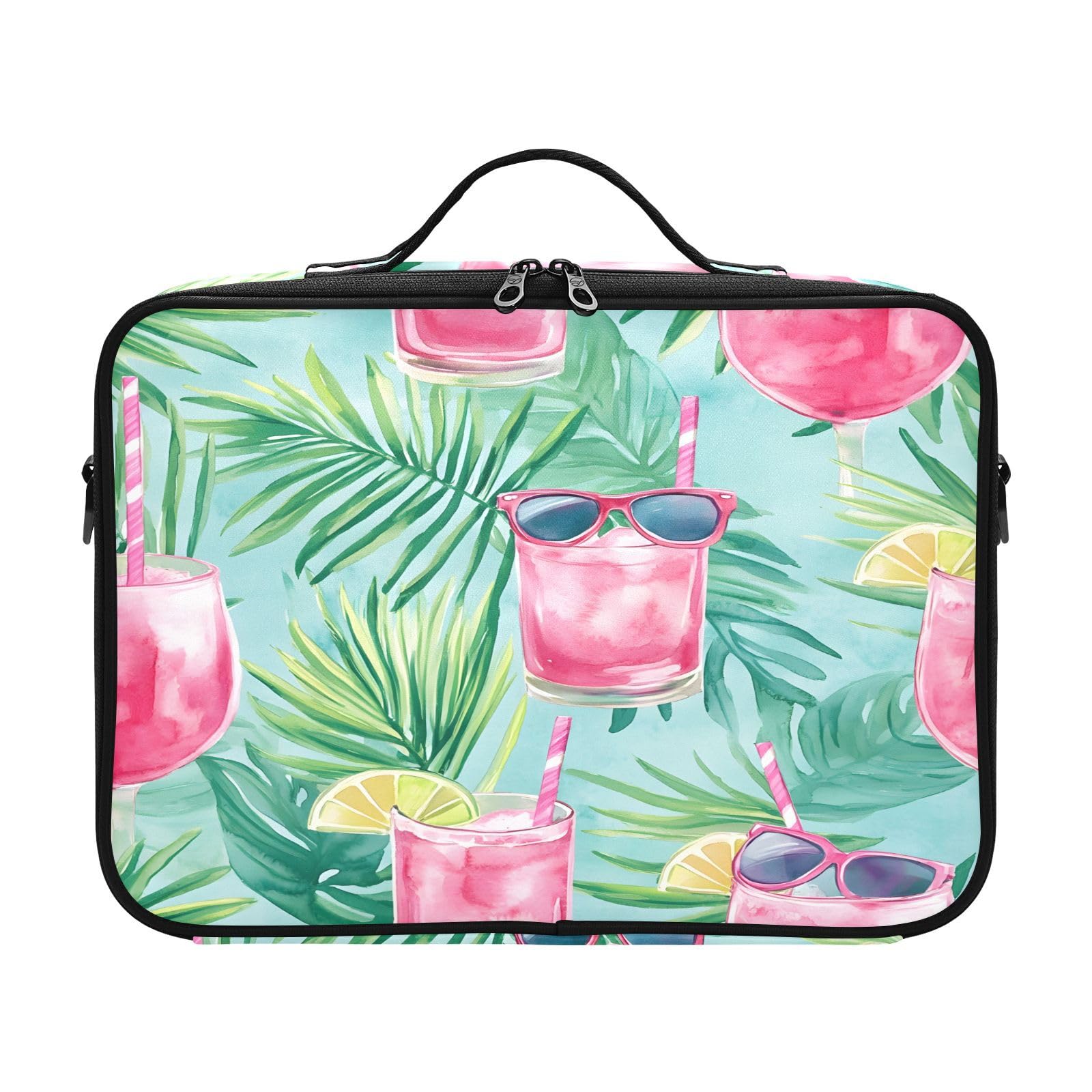 zyrtty Travel Makeup Train Case Pink Drink Leaves Pattern Cosmetic Organizer Portable Storage Bag with Adjustable Dividers for Cosmetics Brushes Toiletry Jewelry Digital Accessories