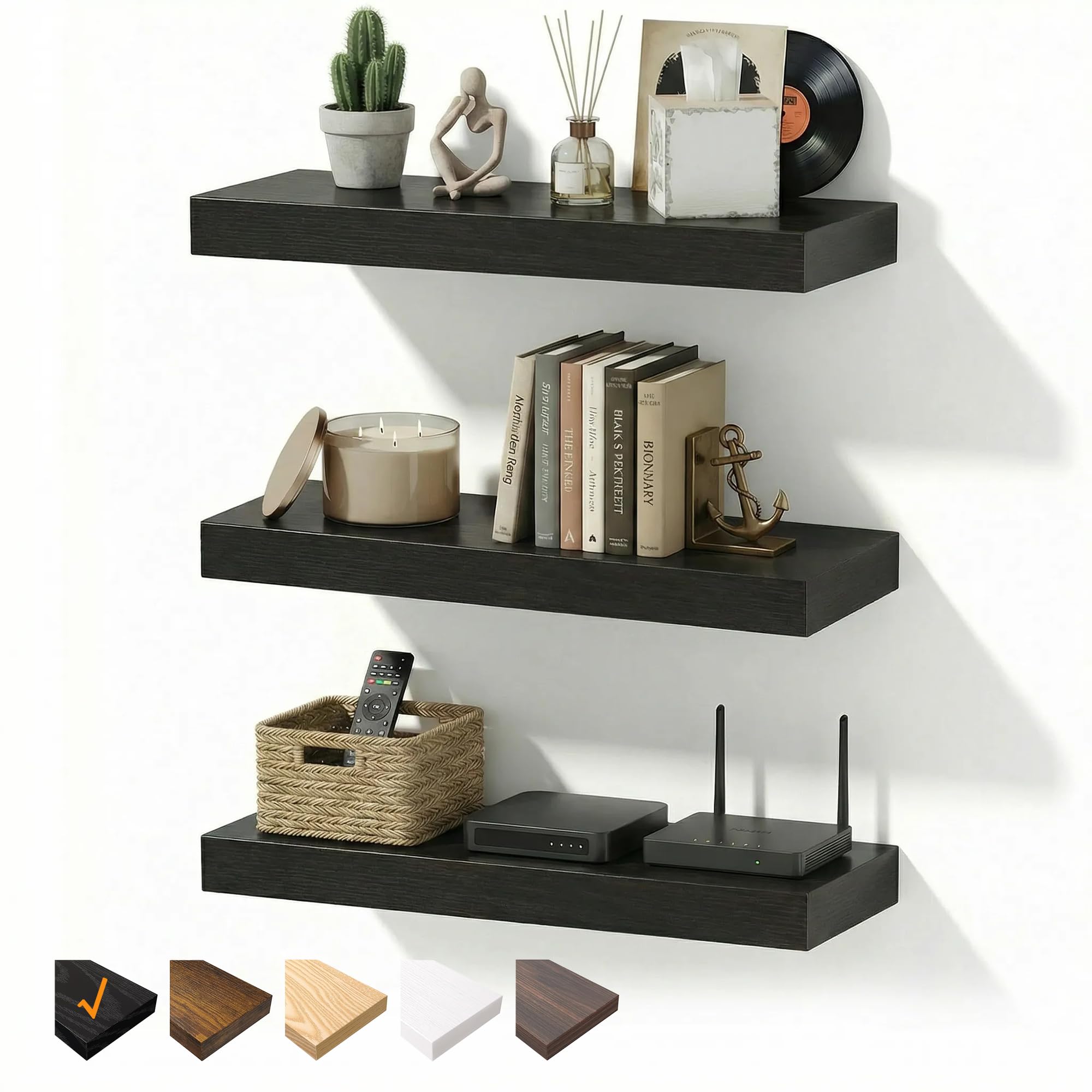 RICHER HOUSE 40cm Floating Shelves for wall, Black Wall Shelves with Invisible Brackets, Wooden Shelves MDF for Bathroom, Bedroom, Office, Living Room, Kitchen, Set of 3, 40 x 23.5 x 3.8 cm