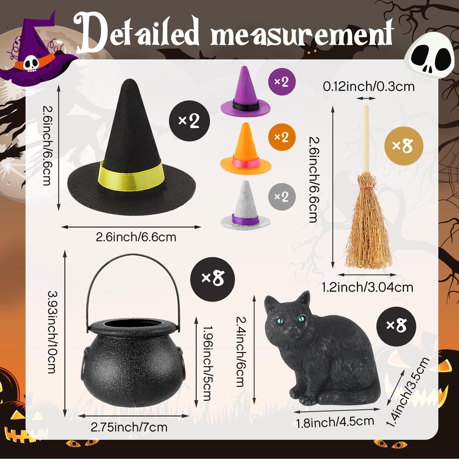 Deekin 32 Pcs Halloween Mini Witch Hats, Mini Witches Broom, Candy Cauldron Kettles and Mini Black Kitten Figurines Halloween Decorations Witch Craft Miniatures Wizard Accessory for Halloween Decors