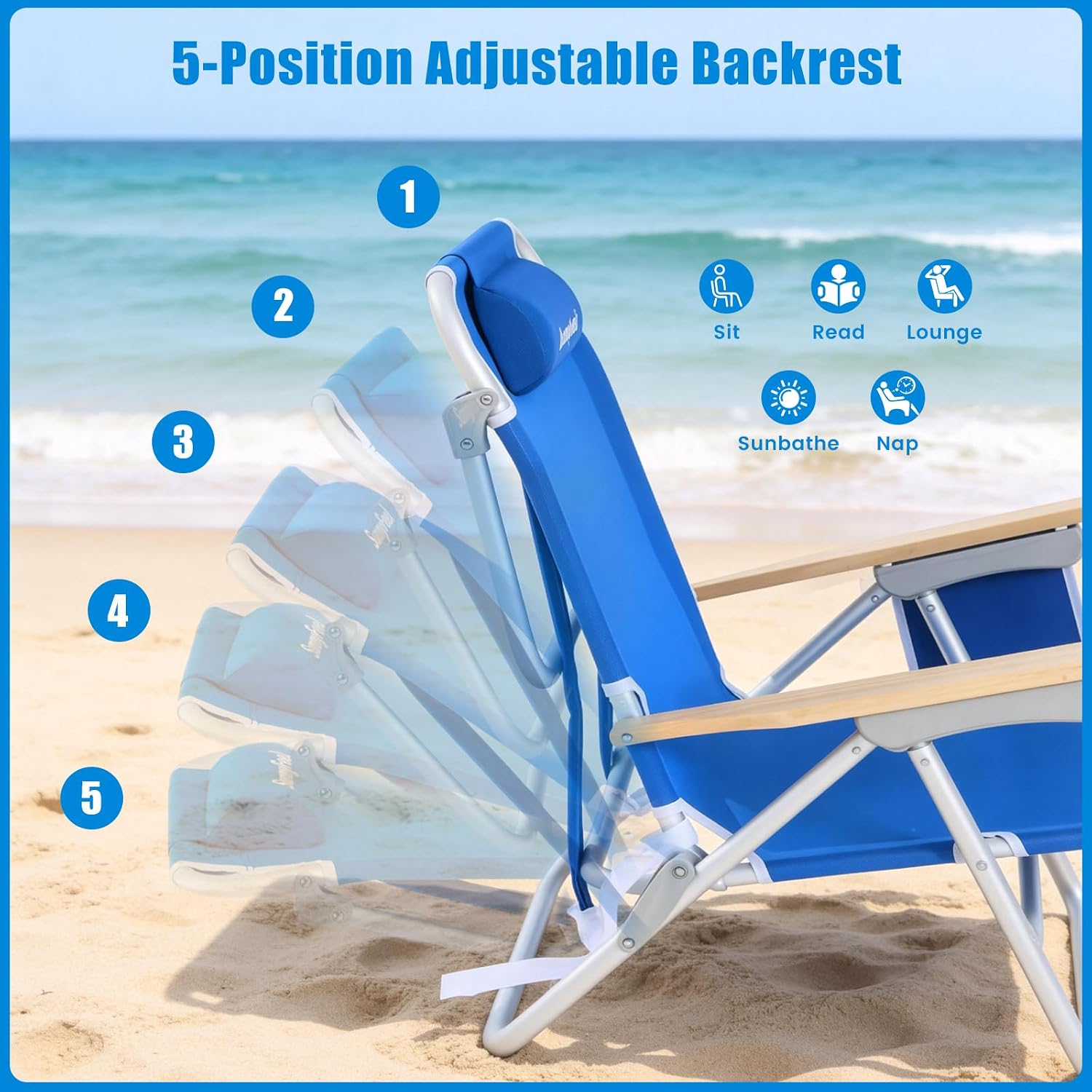 SUNNYFEEL Low Back Folding Beach Chair, Aluminum Heavy Duty Beach Chair with 5-Position, Portable Camping Chair for Adults with Wood Armrest, Lightweight Camping Chair 300lbs, Blue, 2 Pack