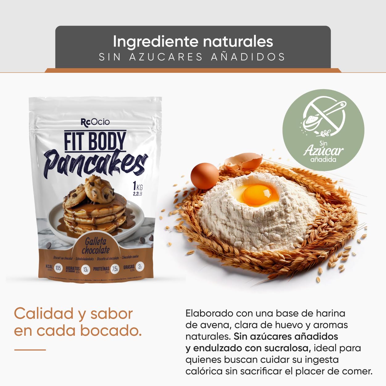 Mezcla para Tortitas/Pancakes proteica FitBody saciante Alto en Proteínas Bajo en Calorías | Tortita proteina Sin Azúcares Añadidos, Ingredientes Naturales (1KG, Galletas de chocolate)